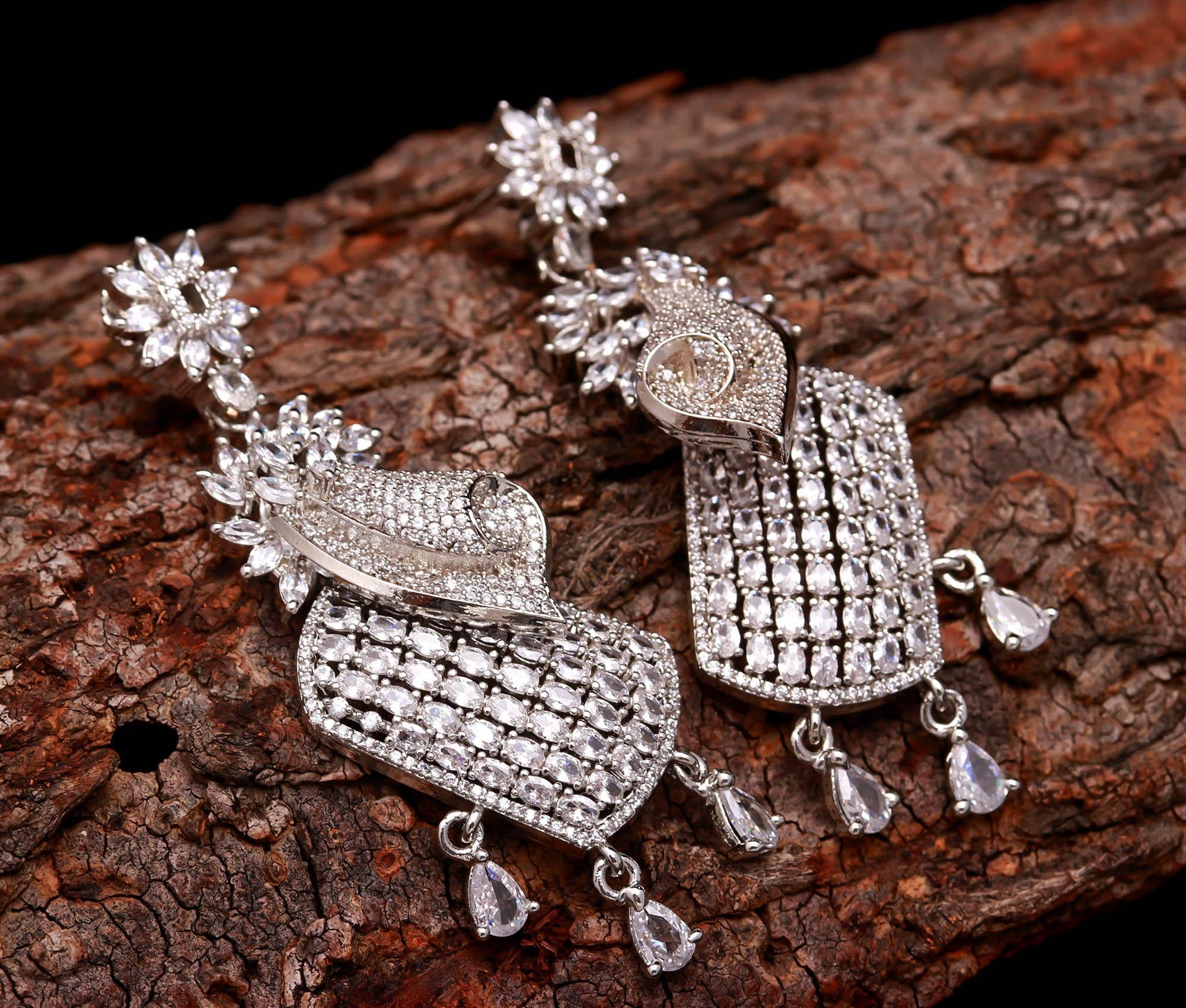 American Diamond Drop Earrings | Designer Silver-Plated Long Earrings for Weddings & Parties