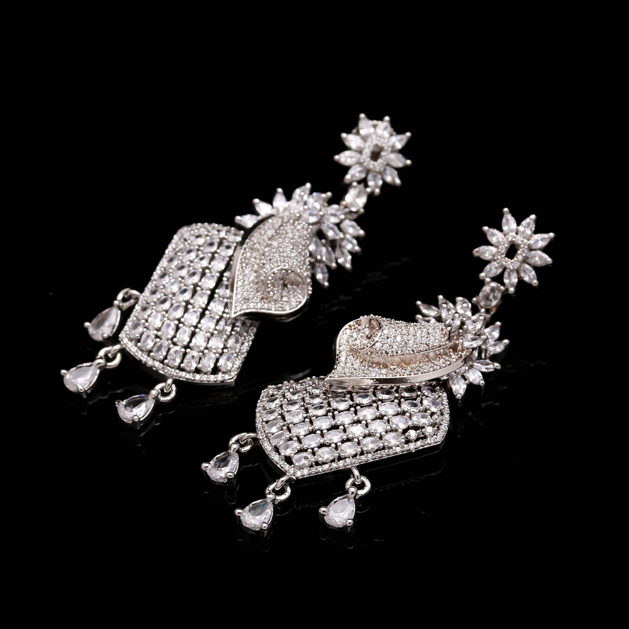 American Diamond Drop Earrings | Designer Silver-Plated Long Earrings for Weddings & Parties