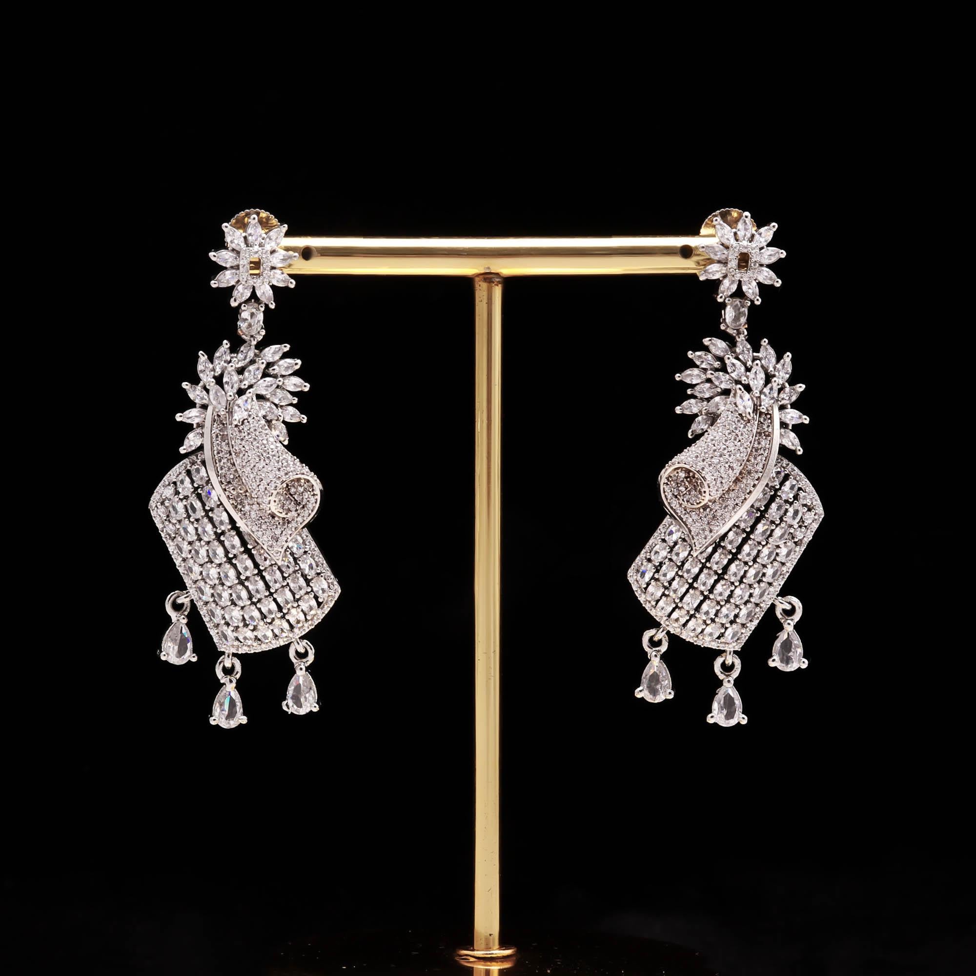 American Diamond Drop Earrings | Designer Silver-Plated Long Earrings for Weddings & Parties