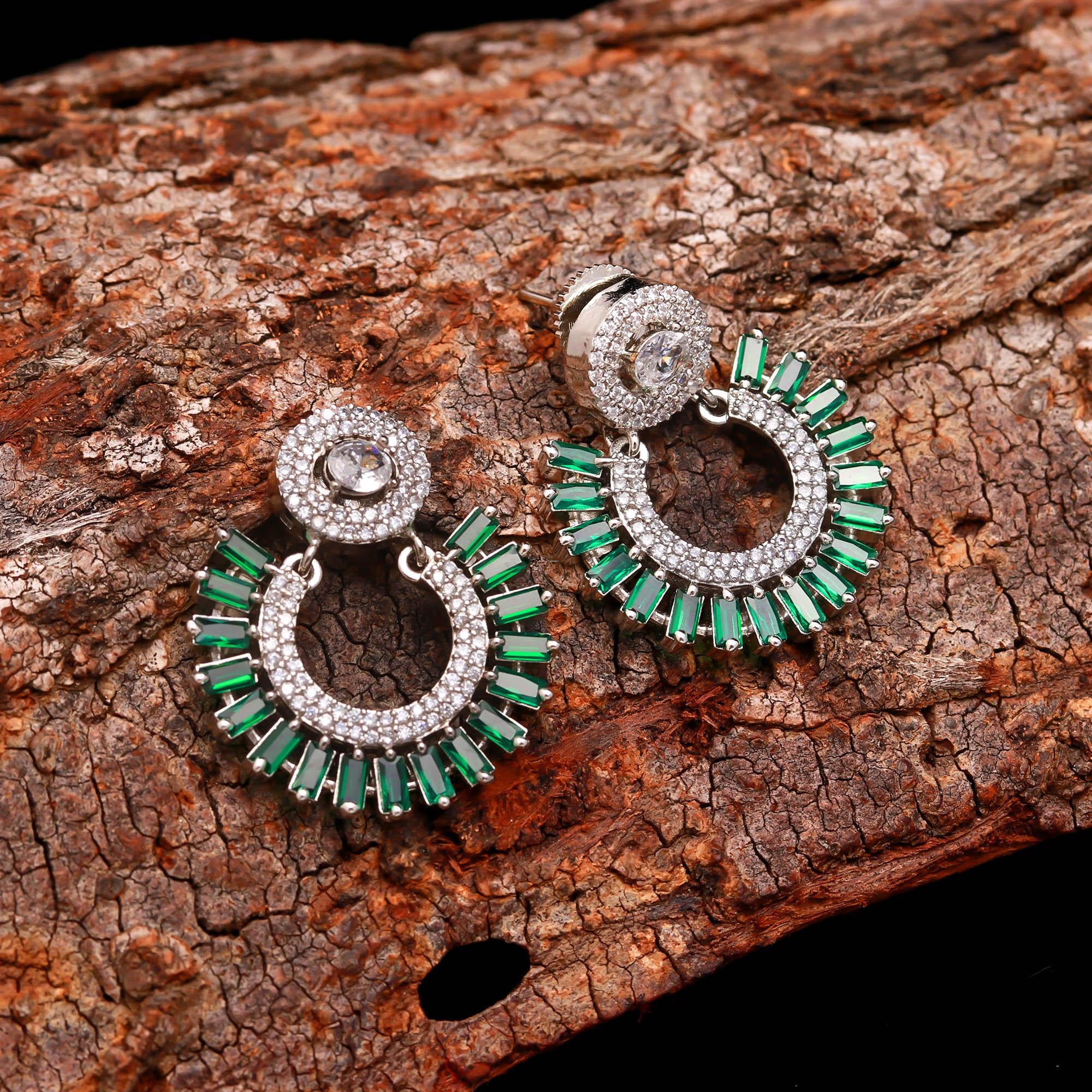 Green Stone & American Diamond Circular Earrings | Silver-Plated Party Wear Jhumka for Women & Girls