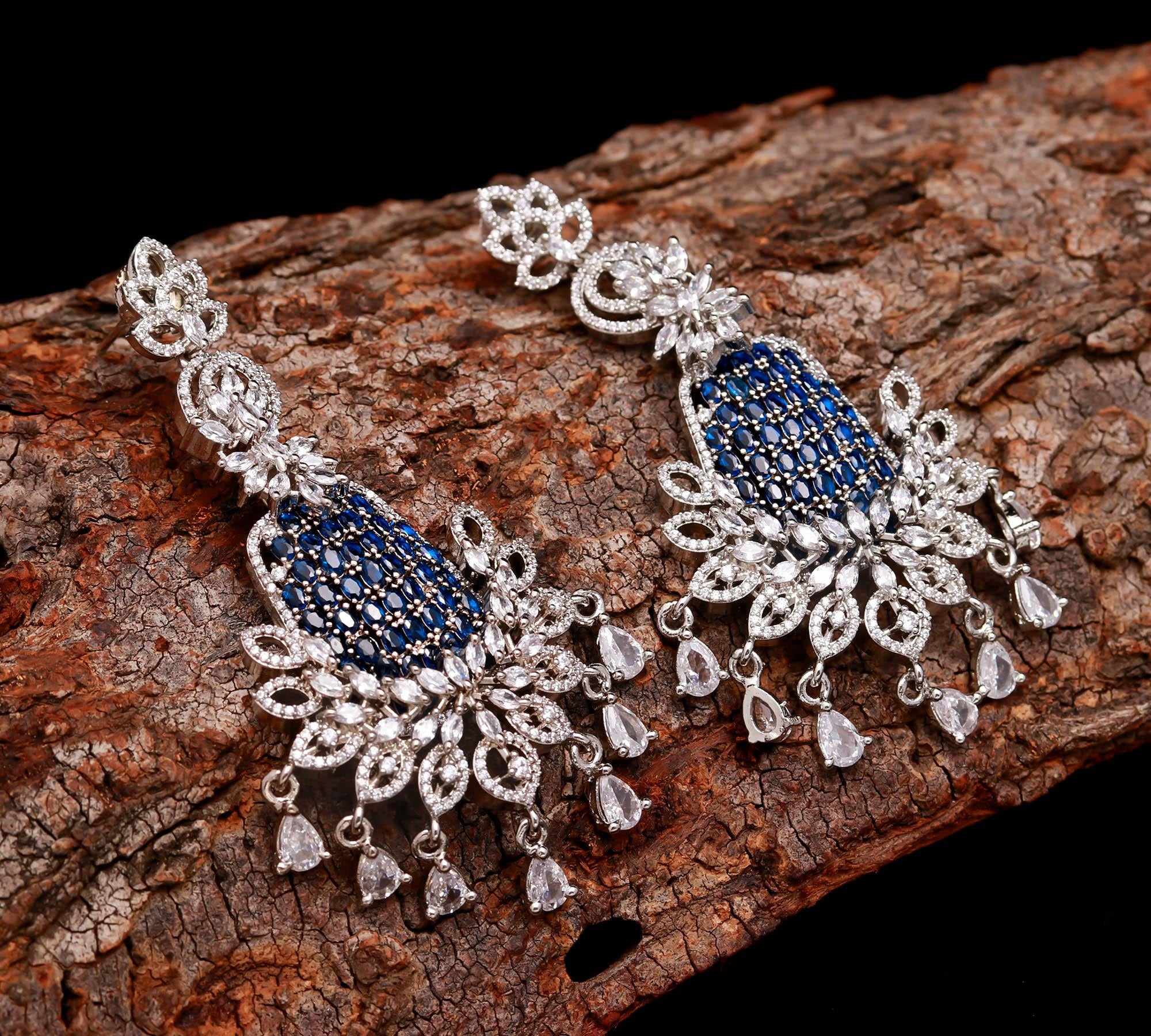 Royal Blue & White Stone Designer Jhumka Earrings | American Diamond Silver-Plated Bridal Wear Danglers