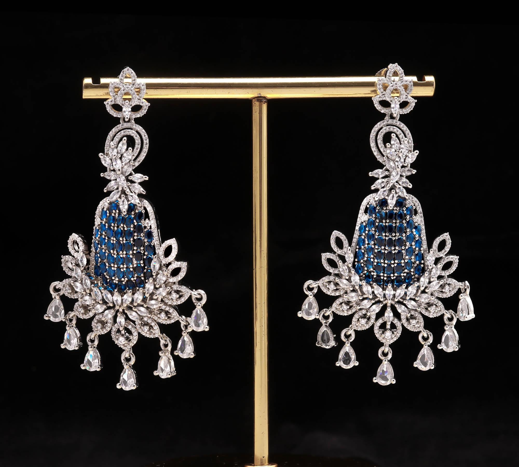 Royal Blue & White Stone Designer Jhumka Earrings | American Diamond Silver-Plated Bridal Wear Danglers