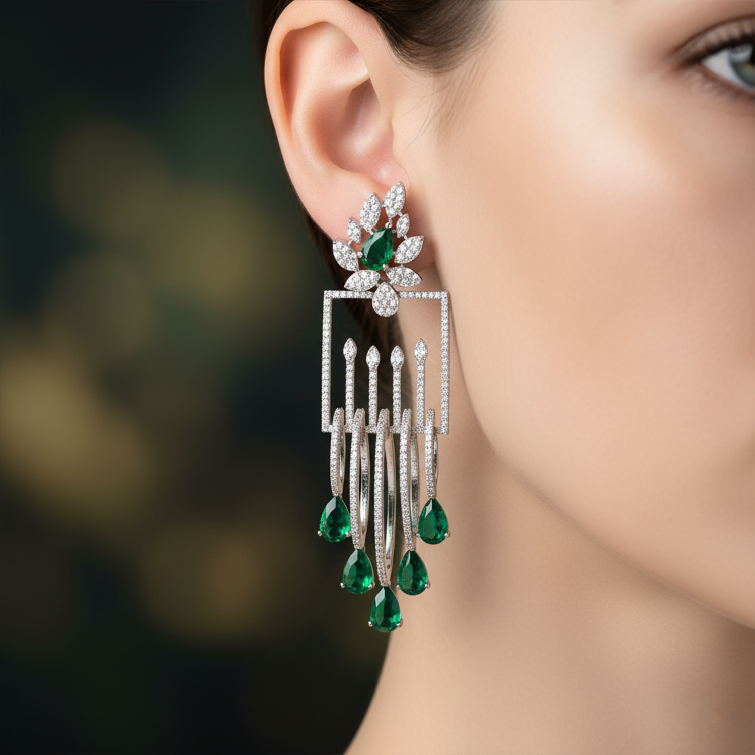 Luxury Emerald Green Stone Drop Earrings for Women | Diamond-Studded Statement Earrings