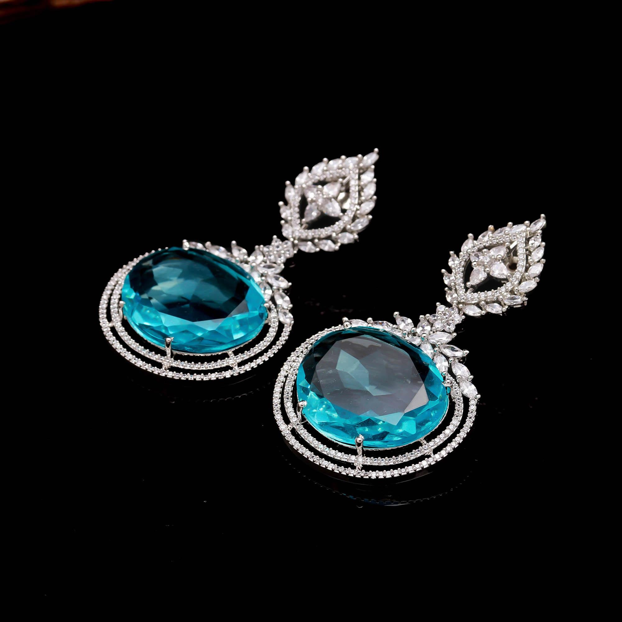 Royal Blue Crystal Drop Earrings for Women – Luxury Silver Plated Long Dangler Earrings with Sparkling CZ Diamonds | Haamsi Jewellery