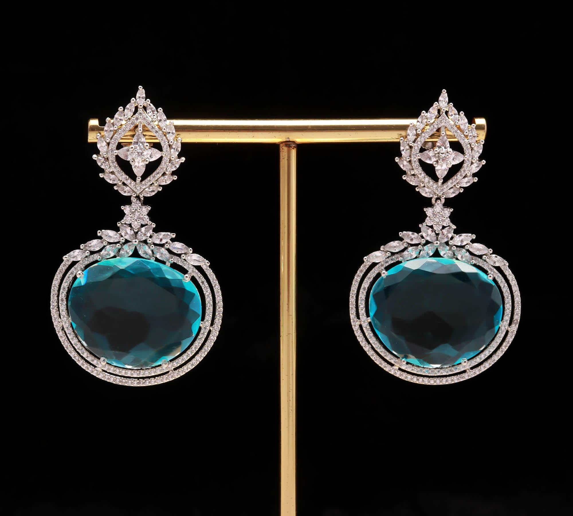 Royal Blue Crystal Drop Earrings for Women – Luxury Silver Plated Long Dangler Earrings with Sparkling CZ Diamonds | Haamsi Jewellery