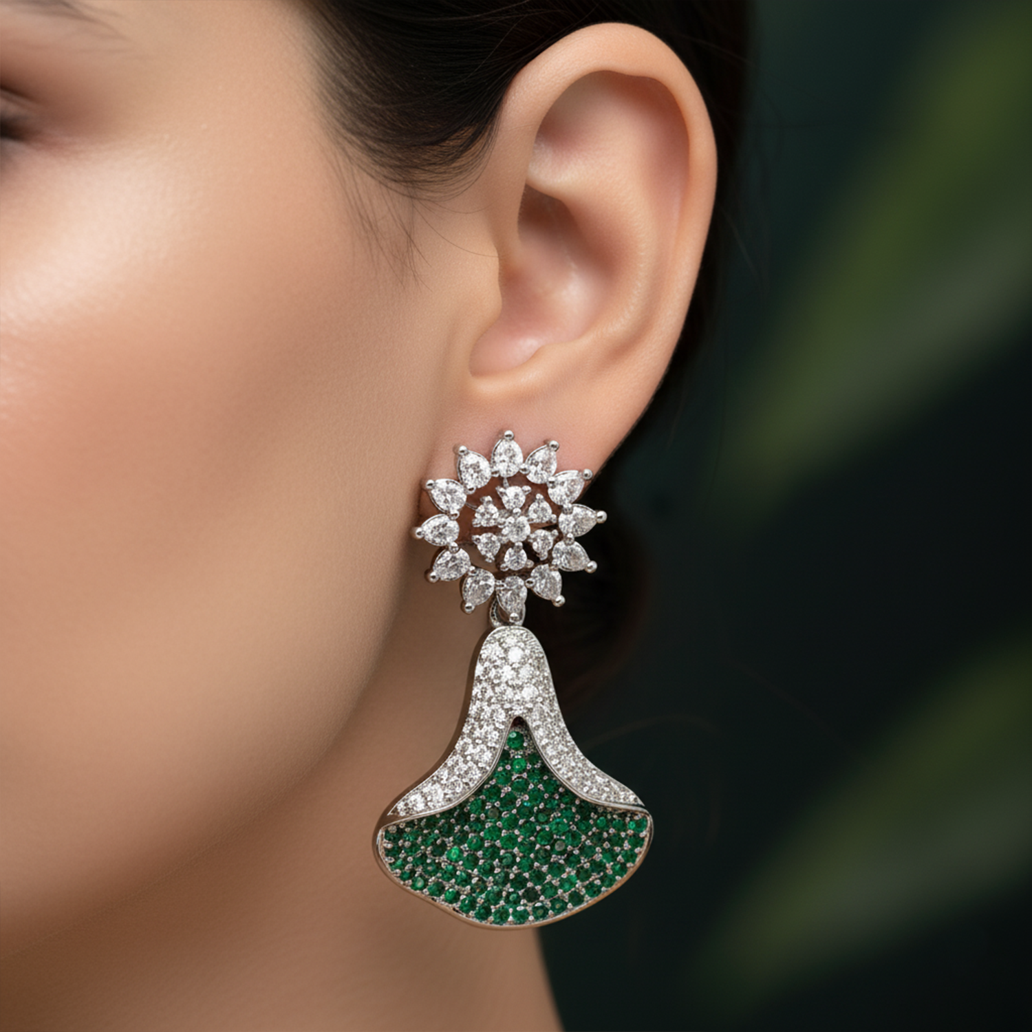 Emerald Green and White American Diamond (AD) Drop Earrings | Starburst Stud with Silver Toned Finish