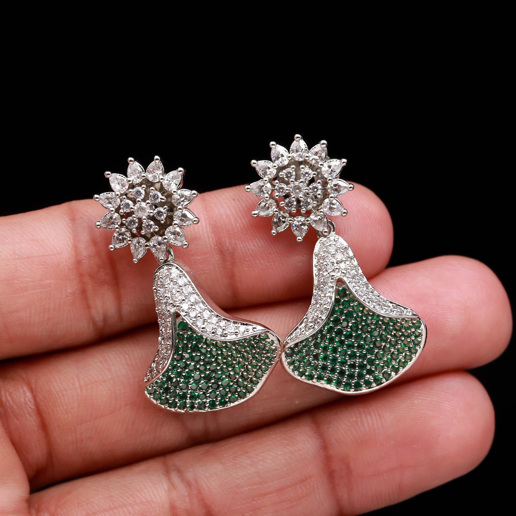 Emerald Green and White American Diamond (AD) Drop Earrings | Starburst Stud with Silver Toned Finish