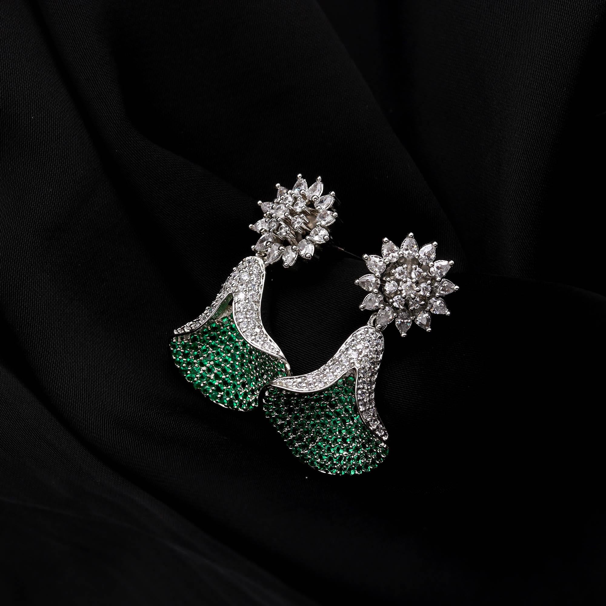 Emerald Green and White American Diamond (AD) Drop Earrings | Starburst Stud with Silver Toned Finish - Haamsi