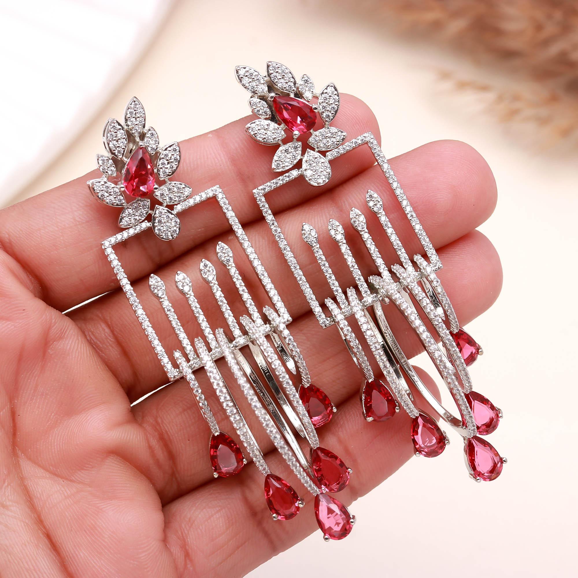 Luxury Emerald Green Stone Drop Earrings for Women | Diamond-Studded Statement Earrings