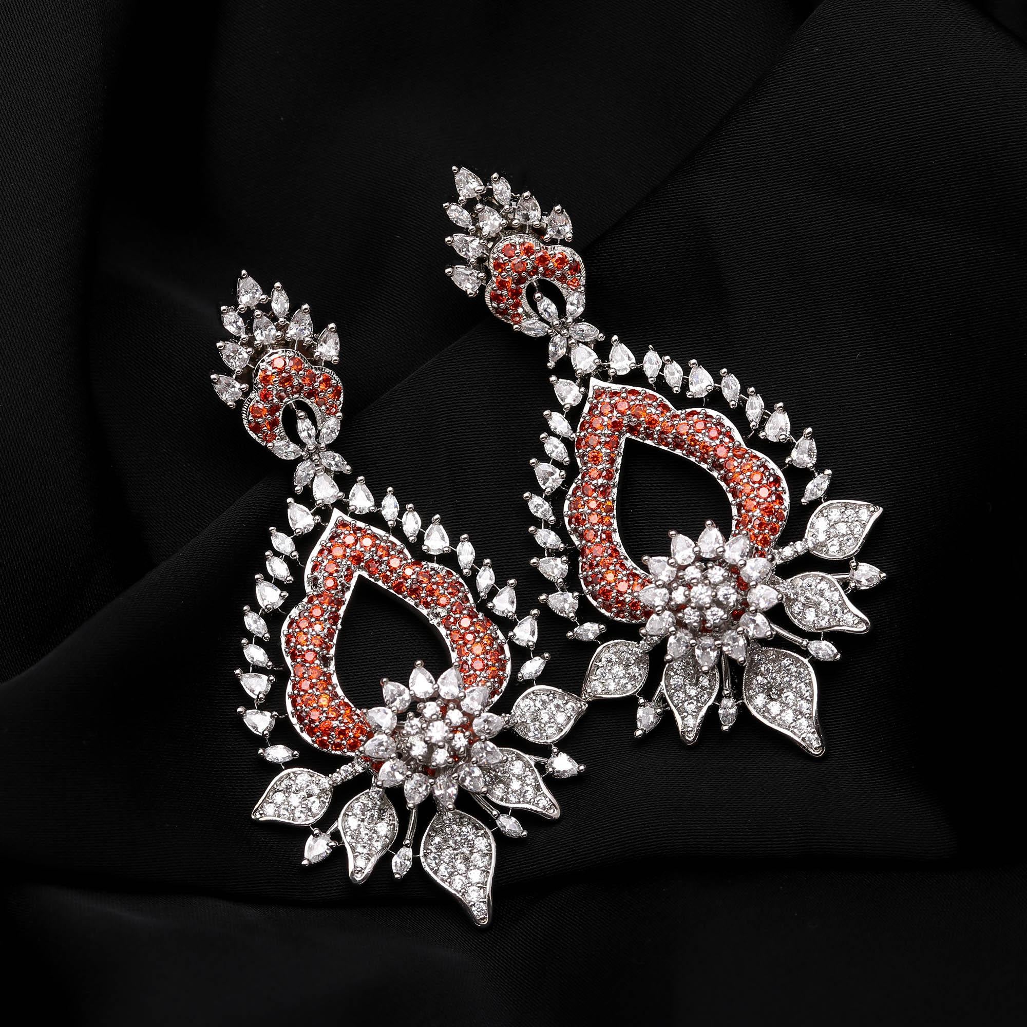 Magnificent Sapphire Blue and White American Diamond (AD) Heart-Shaped Dangler Earrings | Luxury Floral Statement - Haamsi