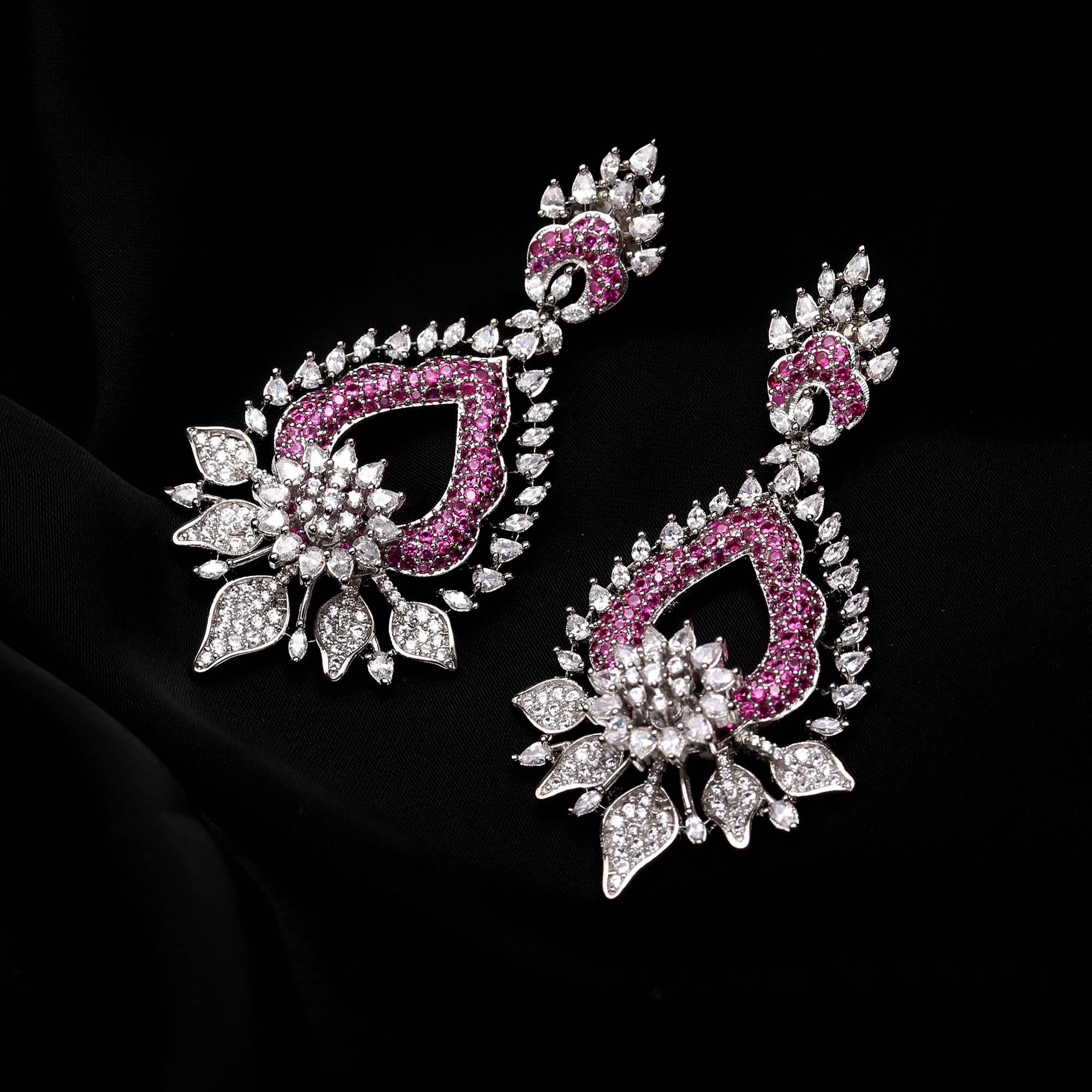 Magnificent Sapphire Blue and White American Diamond (AD) Heart-Shaped Dangler Earrings | Luxury Floral Statement - Haamsi