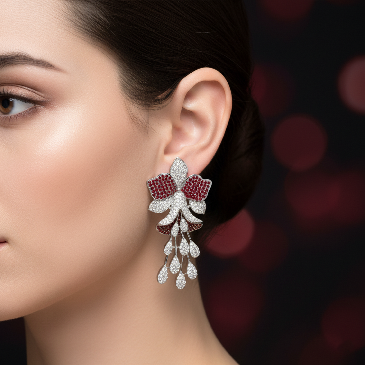 Luxury  American Diamond (AD) Flower Dangler Statement Earrings - Haamsi