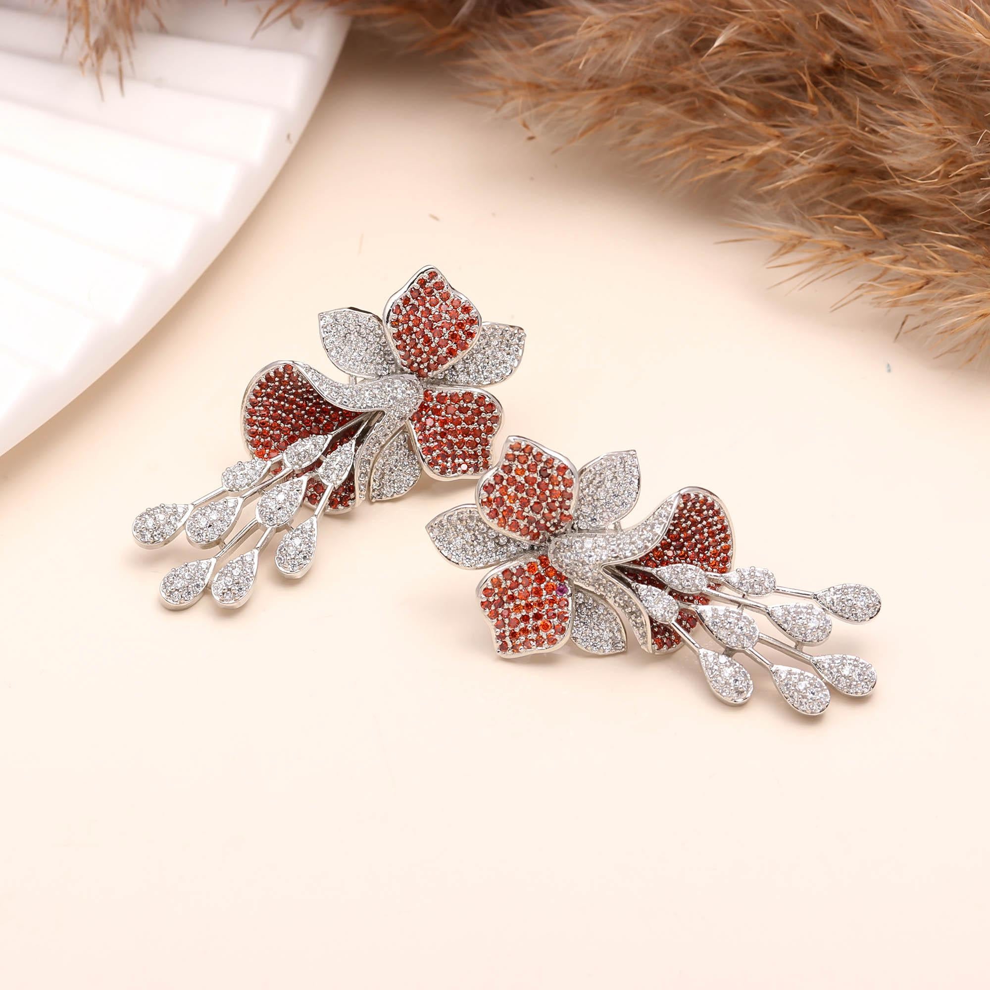 Luxury  American Diamond (AD) Flower Dangler Statement Earrings - Haamsi