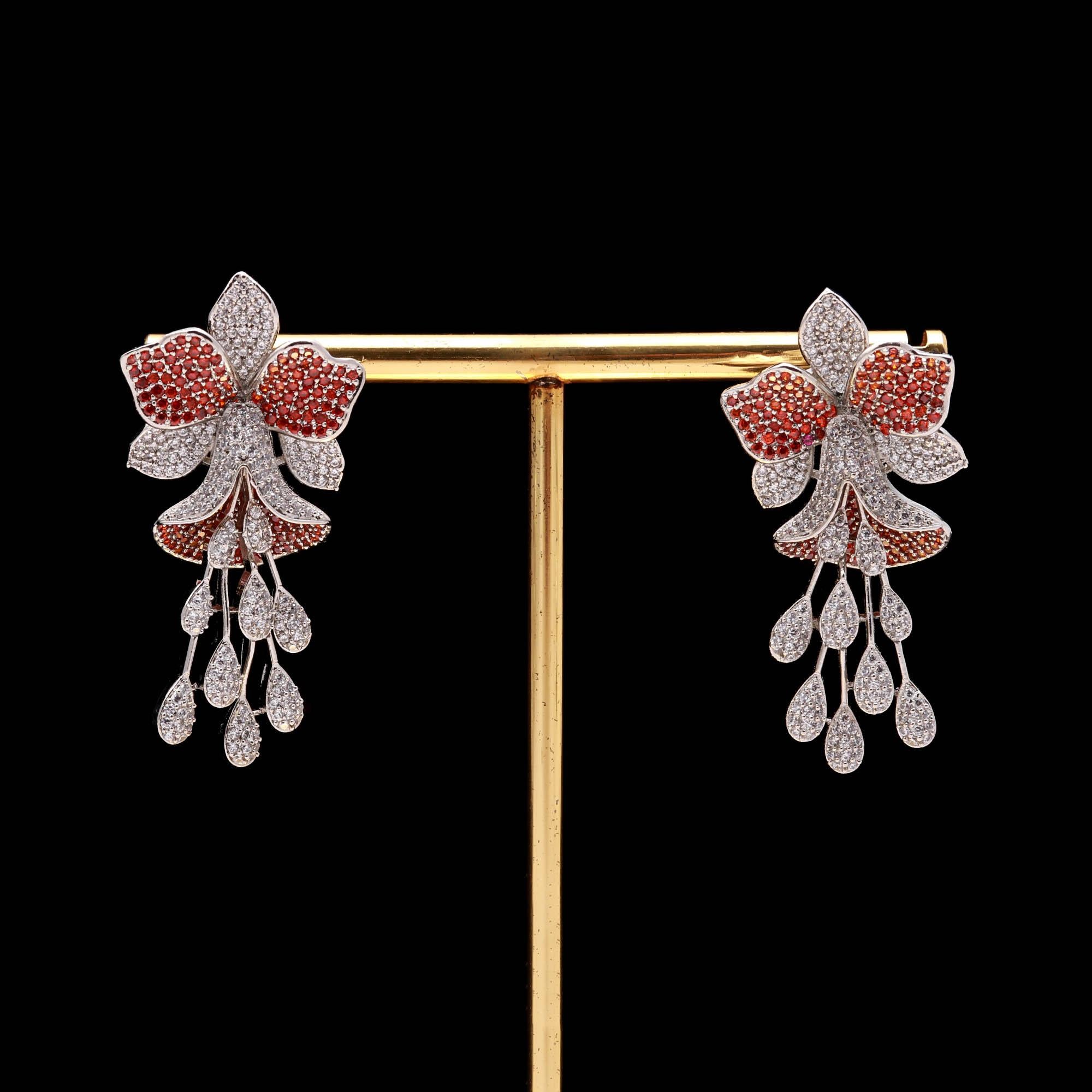 Luxury  American Diamond (AD) Flower Dangler Statement Earrings - Haamsi