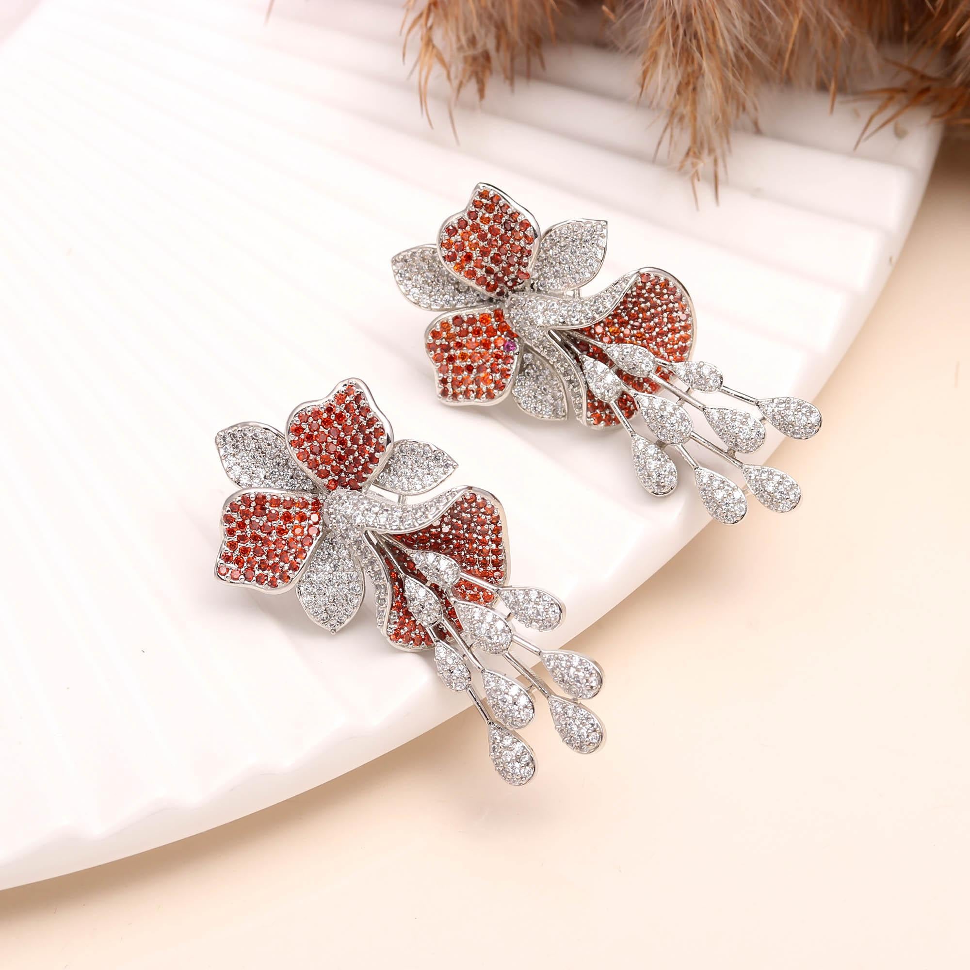 Luxury  American Diamond (AD) Flower Dangler Statement Earrings - Haamsi