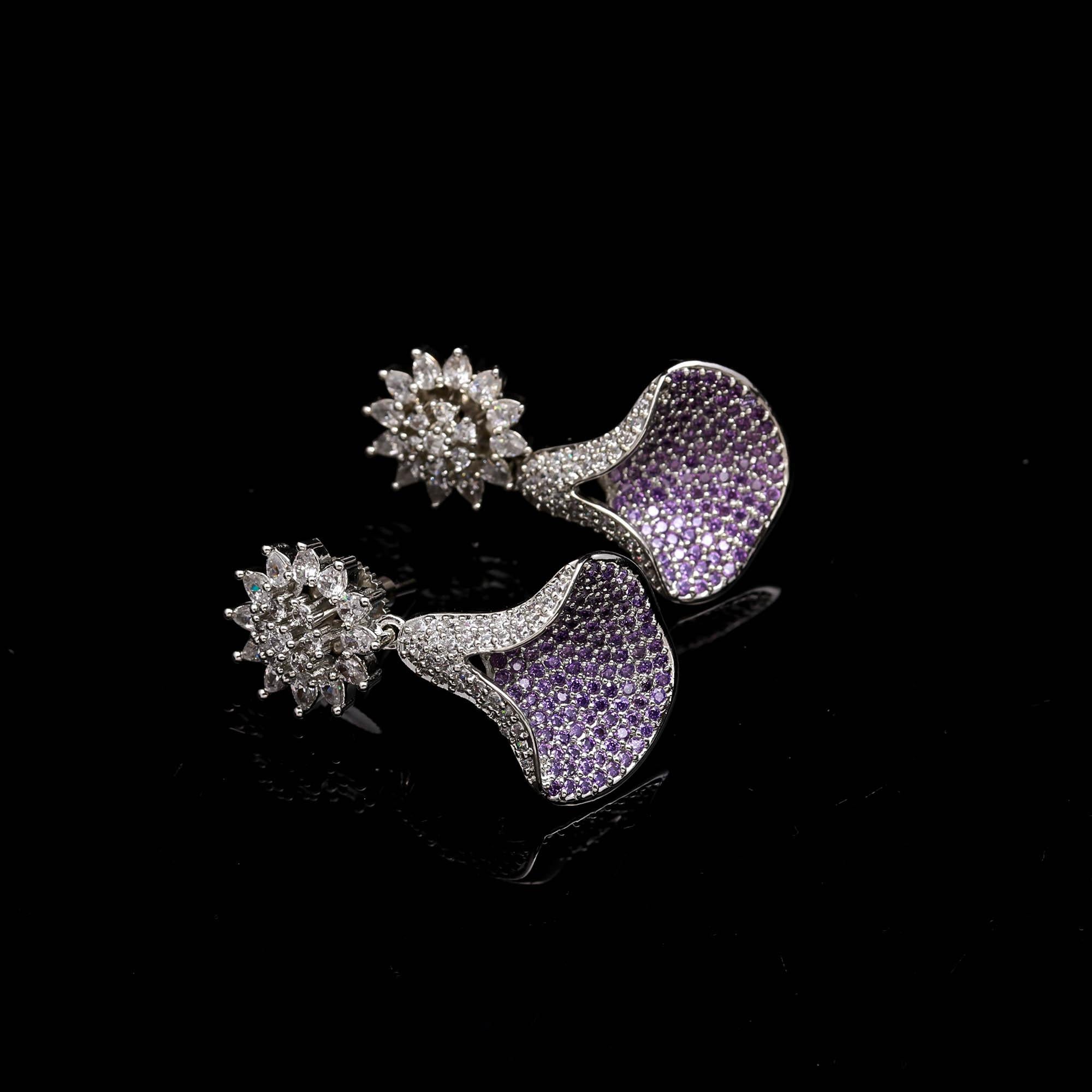 Emerald Green and White American Diamond (AD) Drop Earrings | Starburst Stud with Silver Toned Finish - Haamsi