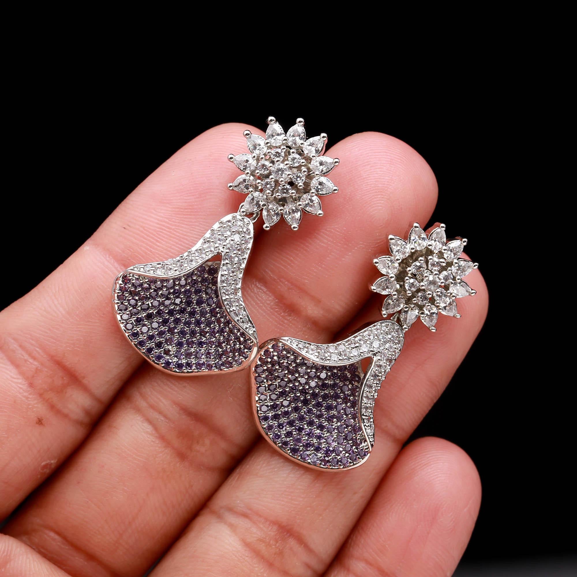 Emerald Green and White American Diamond (AD) Drop Earrings | Starburst Stud with Silver Toned Finish - Haamsi