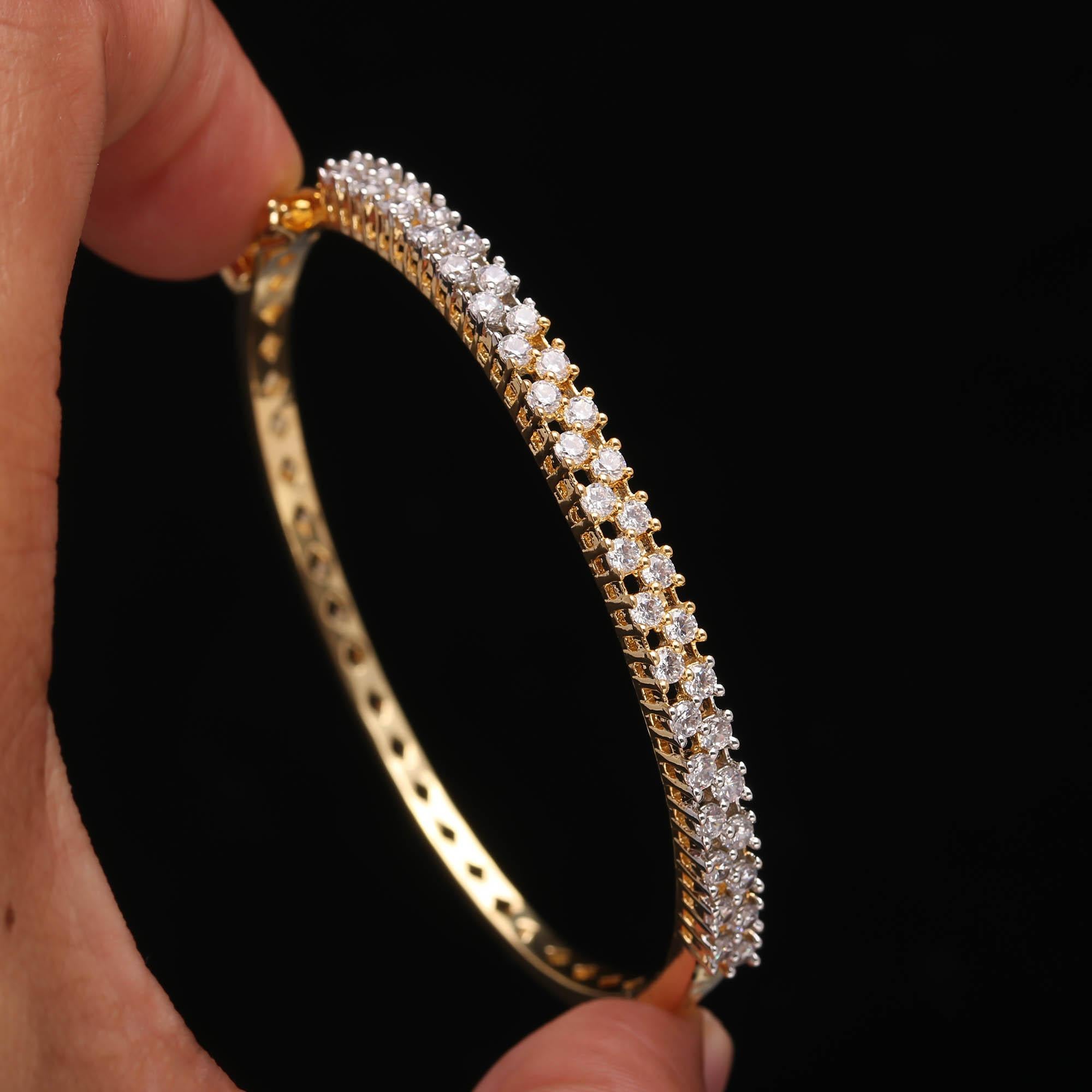 Elegant Gold Diamond Bangle for Women – Sparkling Two-Row Stone Design | Buy Luxury Gold Bracelet Online