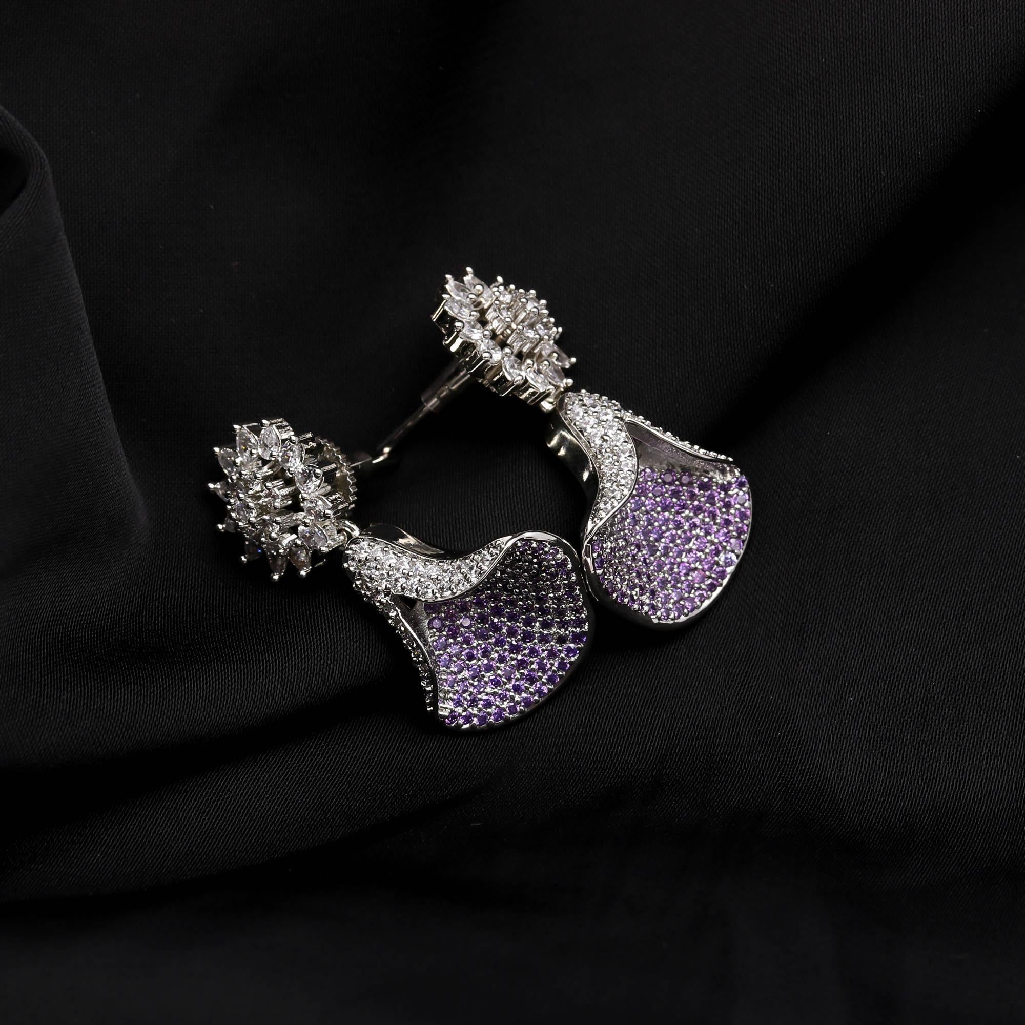 Emerald Green and White American Diamond (AD) Drop Earrings | Starburst Stud with Silver Toned Finish - Haamsi