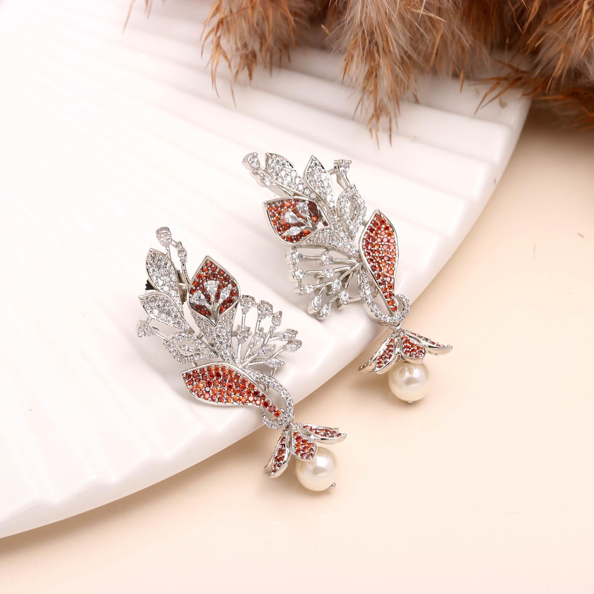 Luxury Black and White American Diamond (AD) Floral Pearl Dangler Earrings