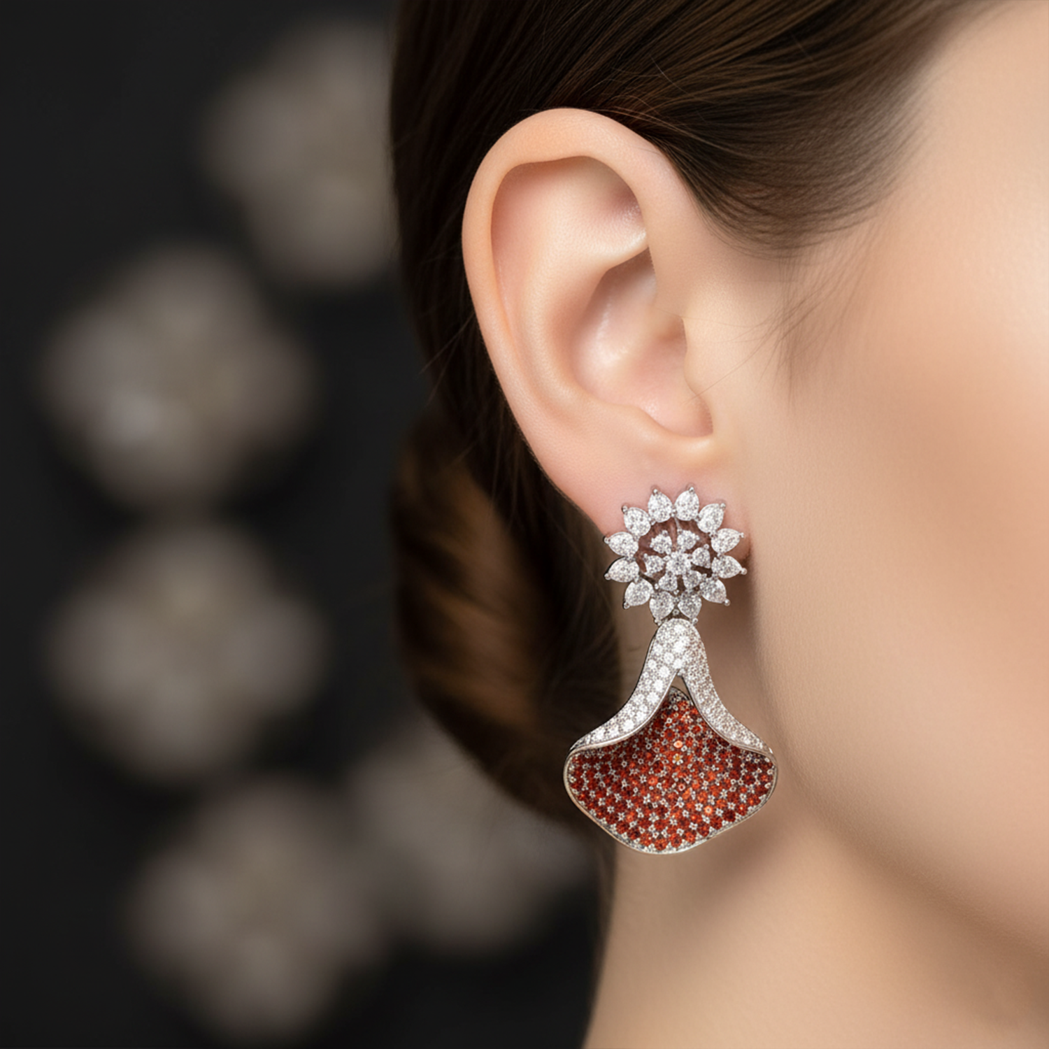 Emerald Green and White American Diamond (AD) Drop Earrings | Starburst Stud with Silver Toned Finish - Haamsi