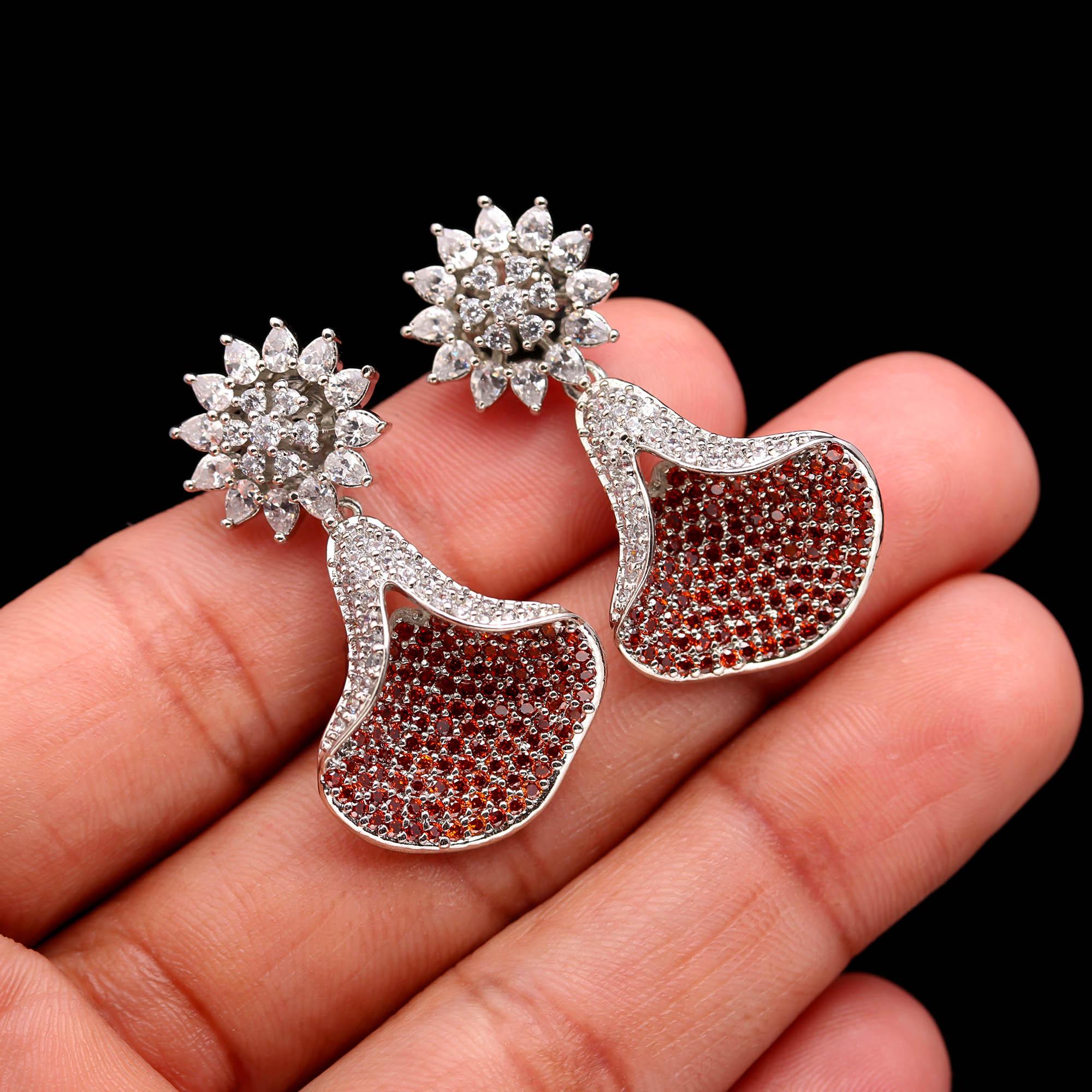 Emerald Green and White American Diamond (AD) Drop Earrings | Starburst Stud with Silver Toned Finish - Haamsi