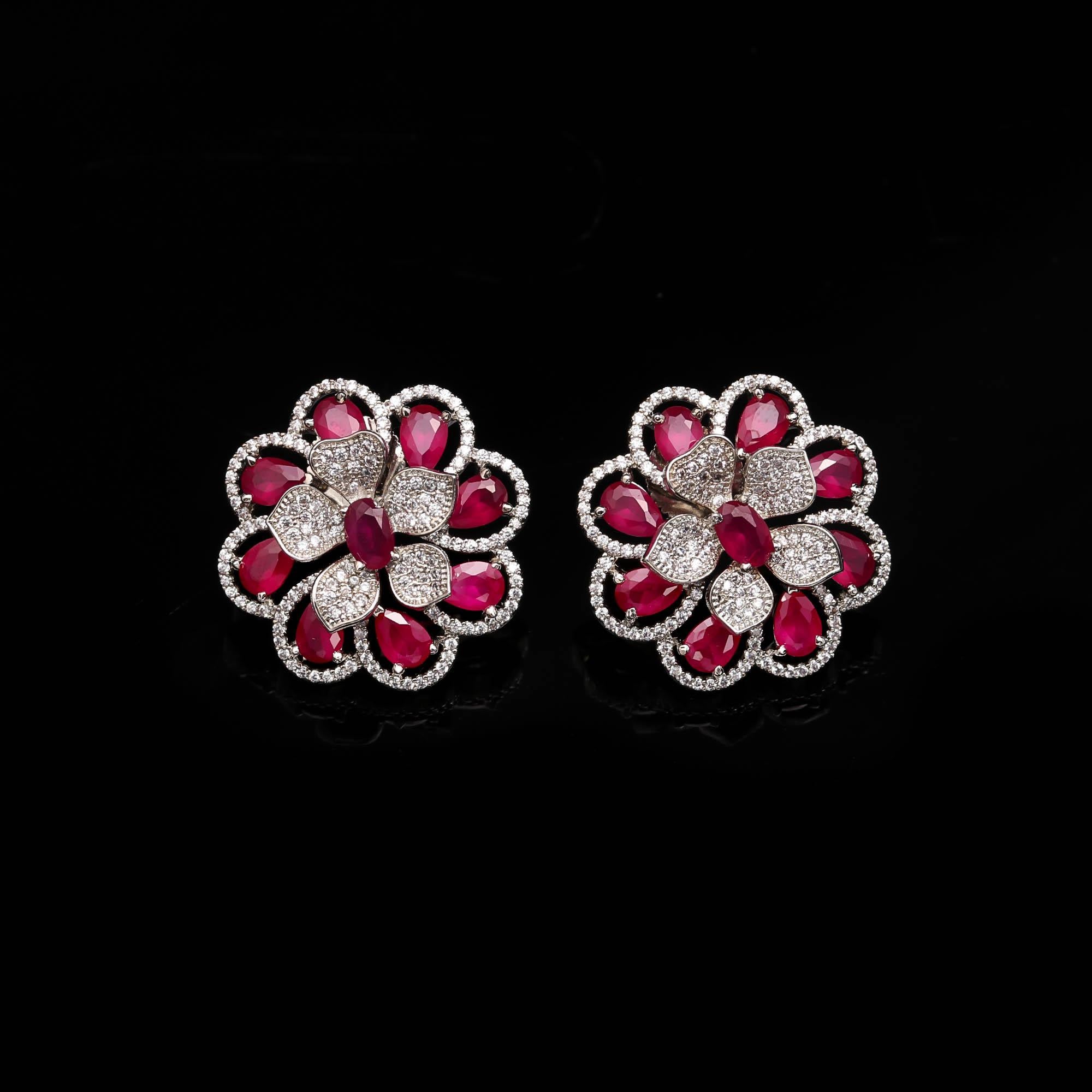 American Diamond (AD) Floral Stud Earrings | Multi-Color Options - Haamsi