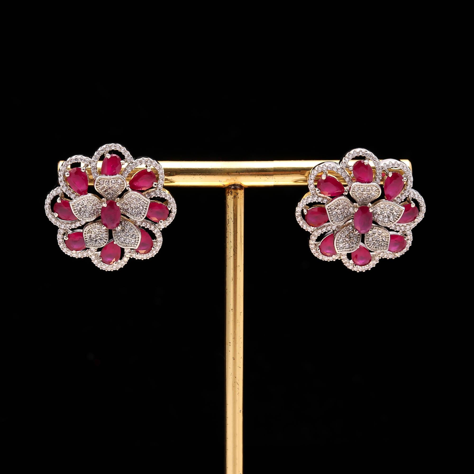 American Diamond (AD) Floral Stud Earrings | Multi-Color Options - Haamsi