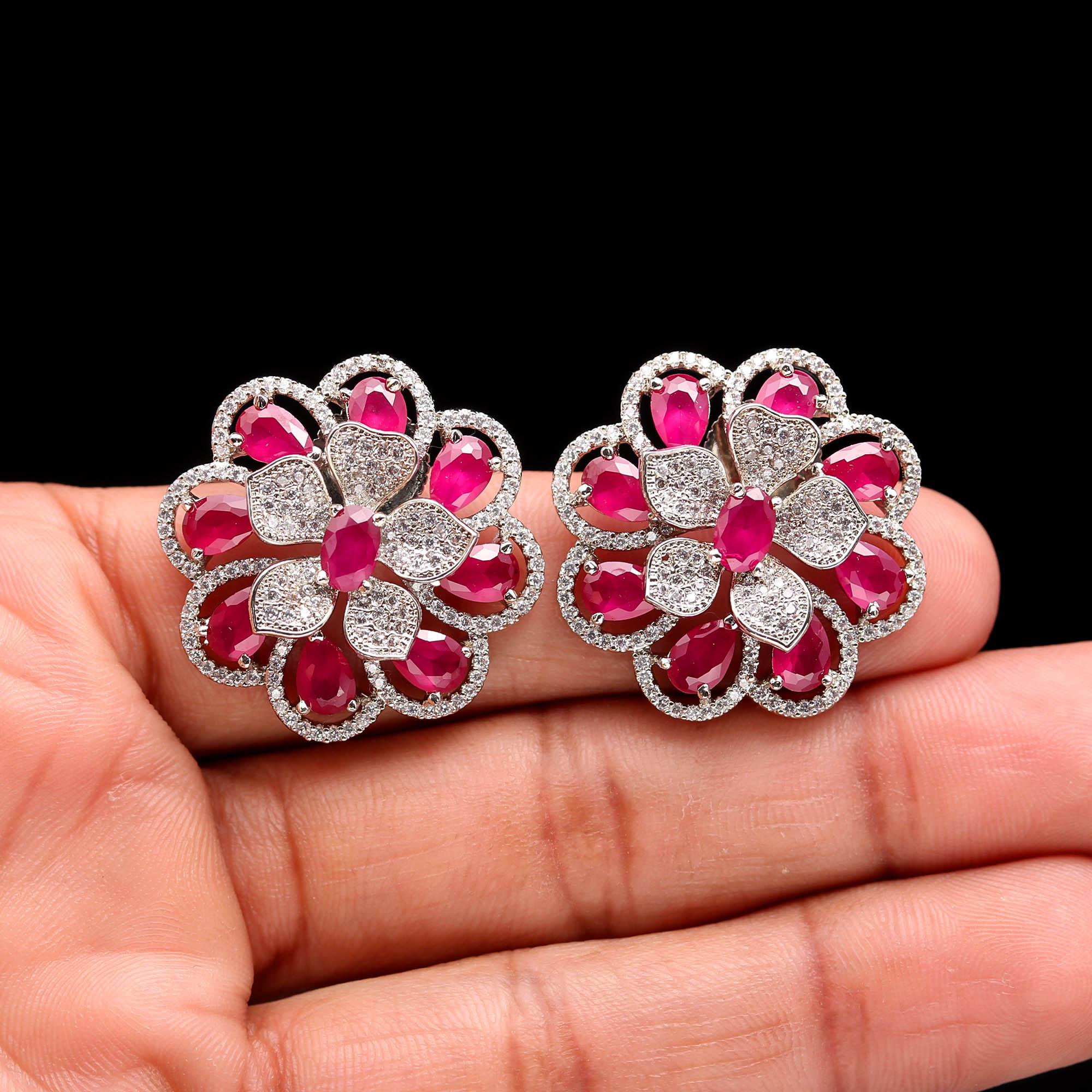 American Diamond (AD) Floral Stud Earrings | Multi-Color Options