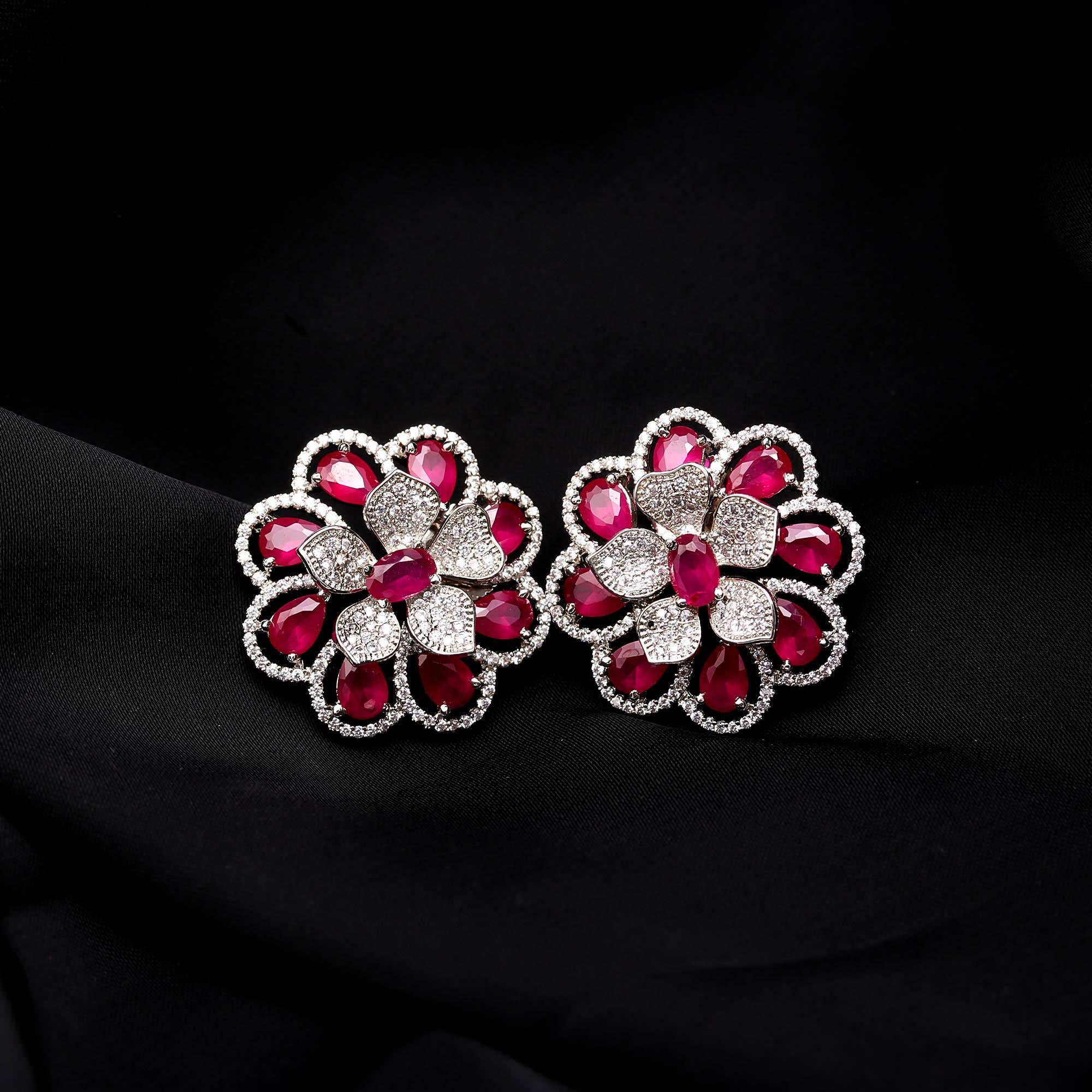 American Diamond (AD) Floral Stud Earrings | Multi-Color Options - Haamsi