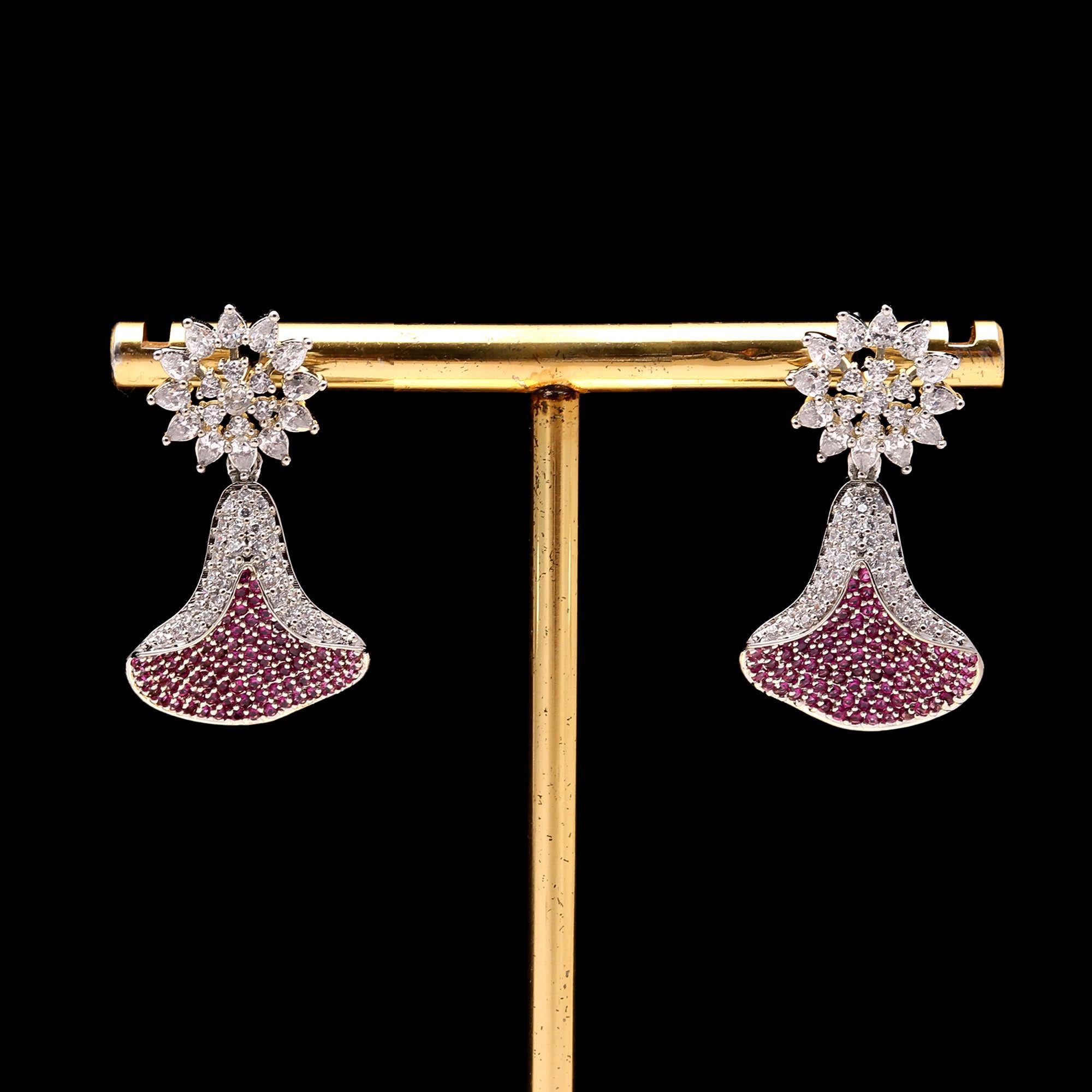 Emerald Green and White American Diamond (AD) Drop Earrings | Starburst Stud with Silver Toned Finish - Haamsi