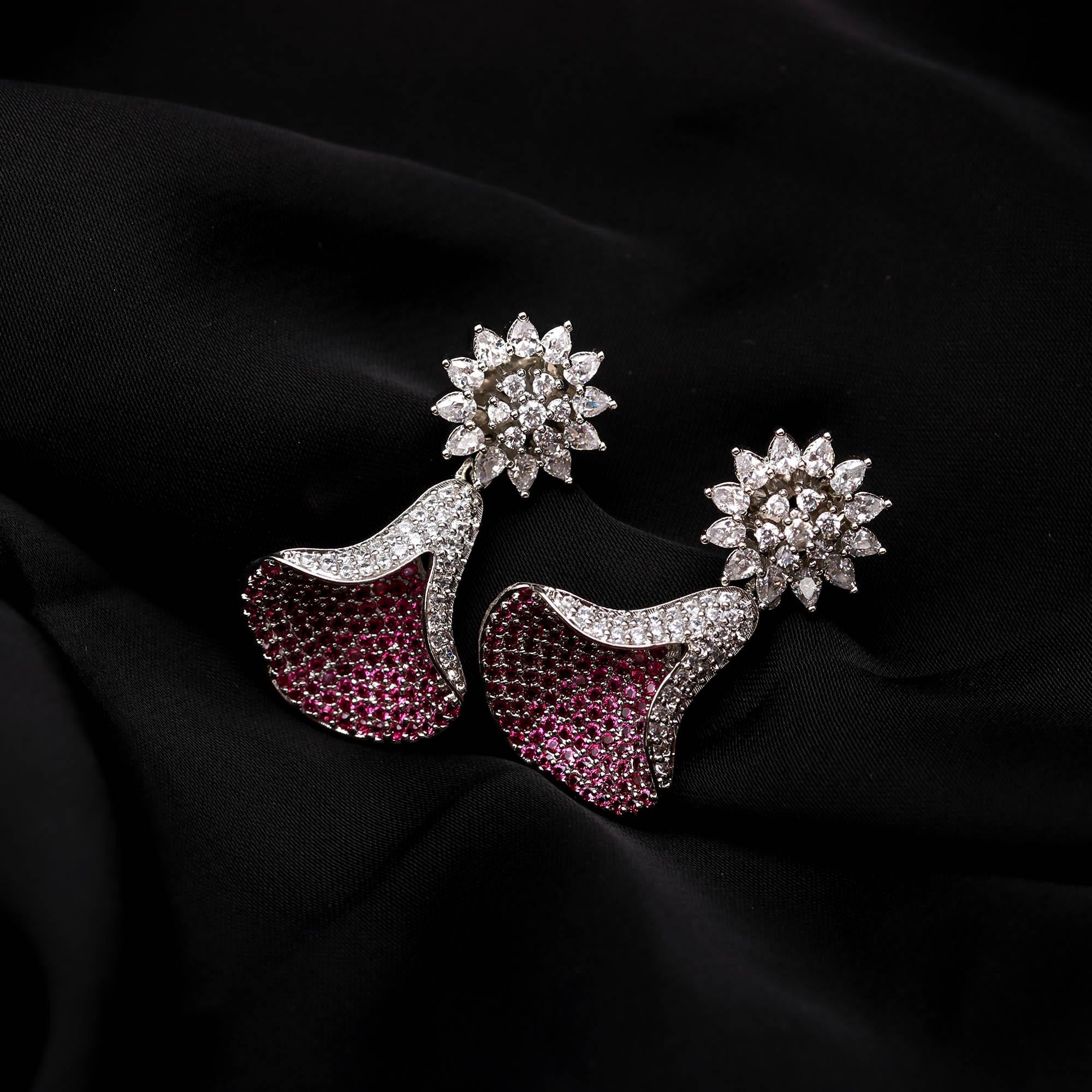 Emerald Green and White American Diamond (AD) Drop Earrings | Starburst Stud with Silver Toned Finish - Haamsi