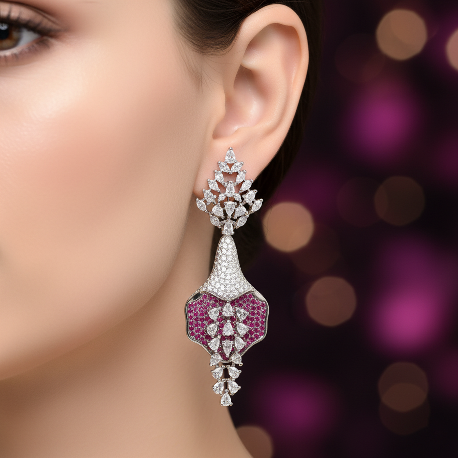 Luxurious Sapphire Blue & White American Diamond (AD) Floral Drop Earrings | Statement Party Wear - Haamsi