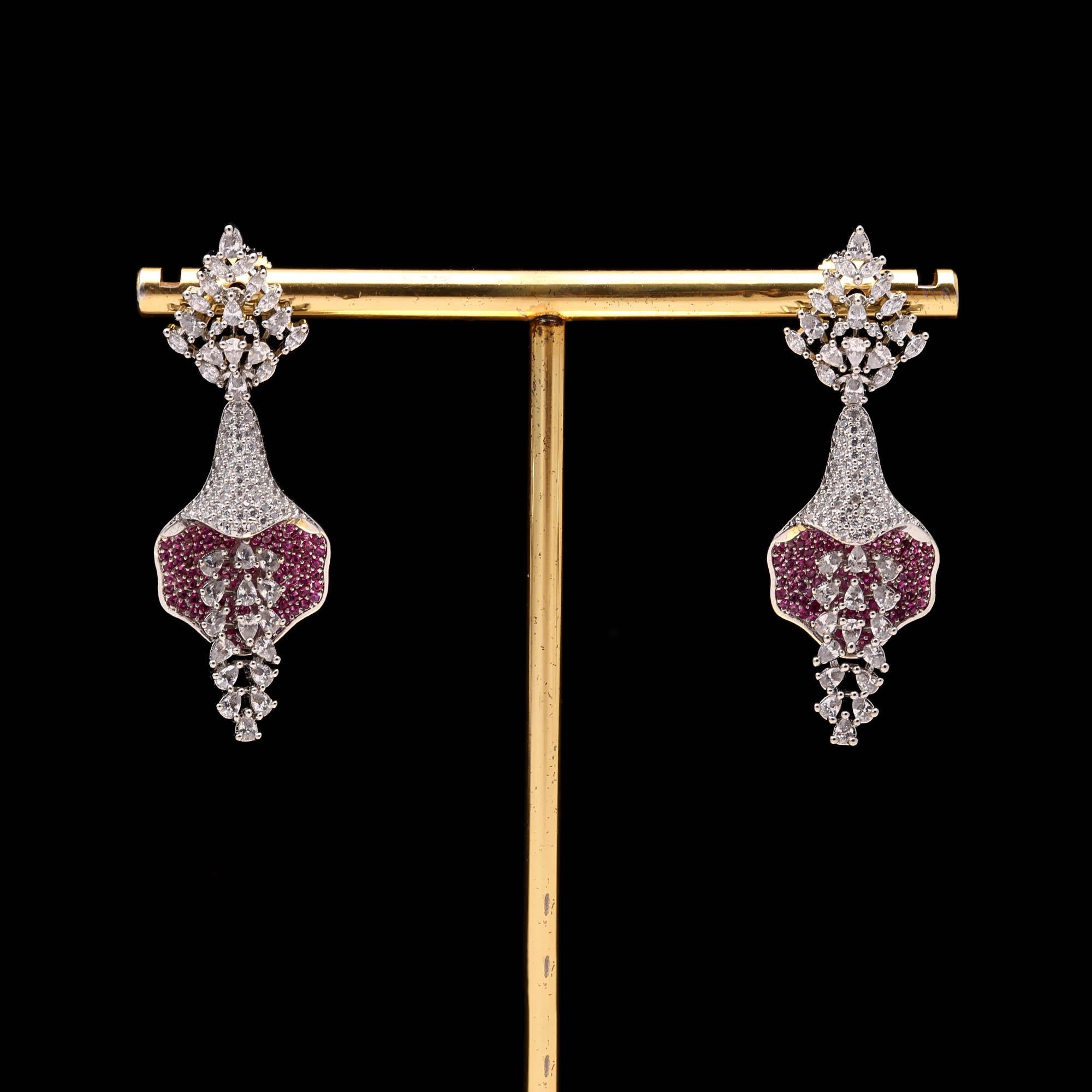 Luxurious Sapphire Blue & White American Diamond (AD) Floral Drop Earrings | Statement Party Wear - Haamsi