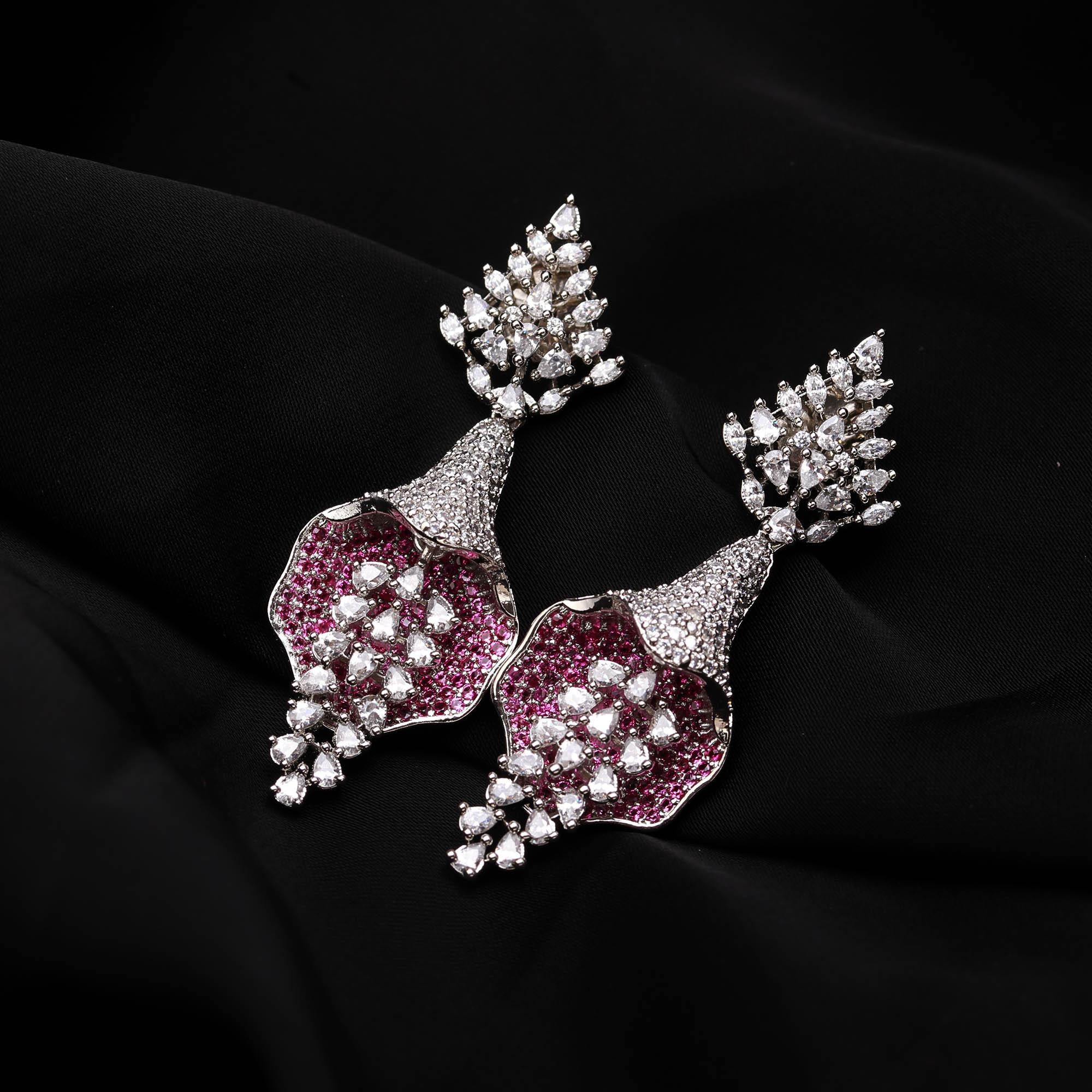 Luxurious Sapphire Blue & White American Diamond (AD) Floral Drop Earrings | Statement Party Wear - Haamsi