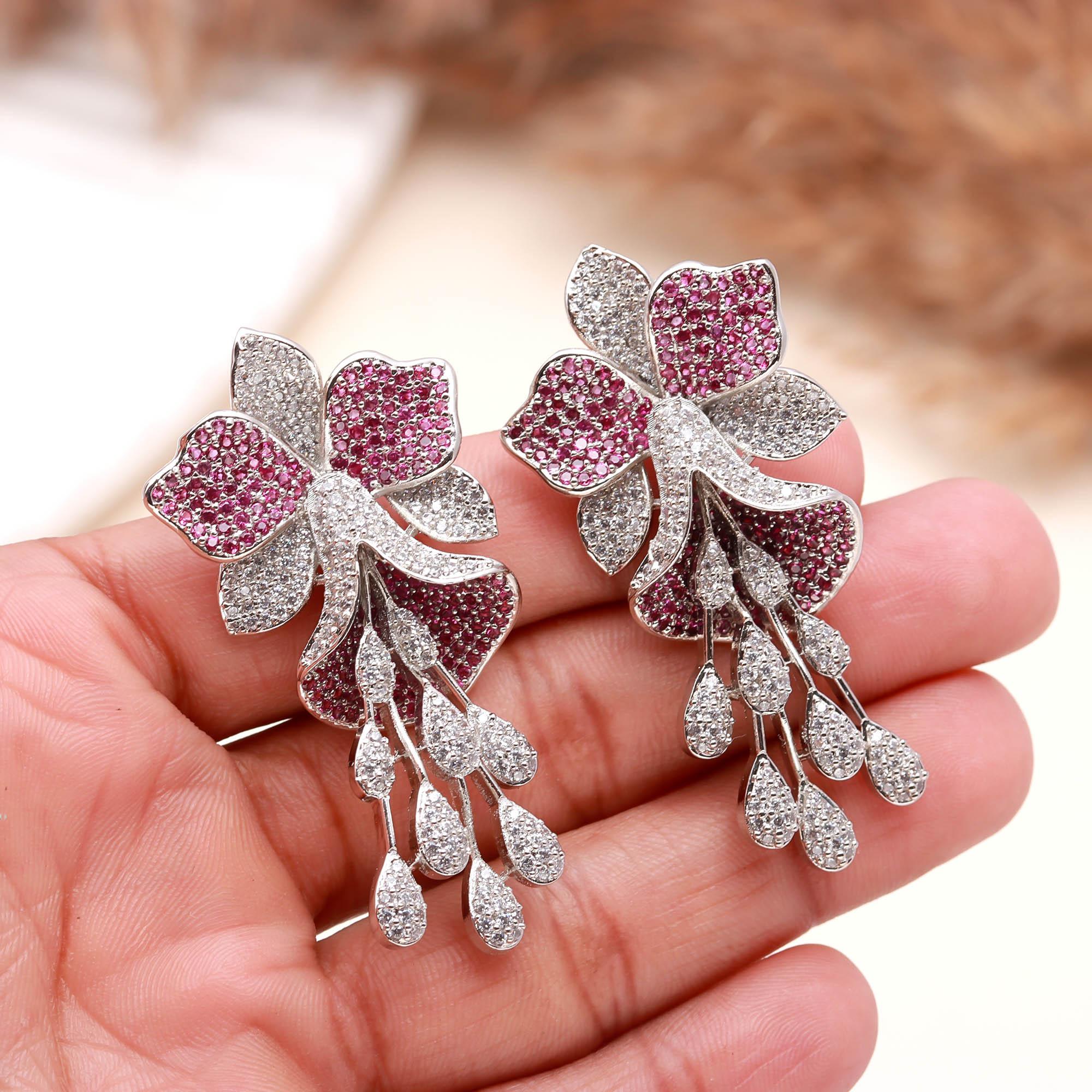 Luxury  American Diamond (AD) Flower Dangler Statement Earrings - Haamsi