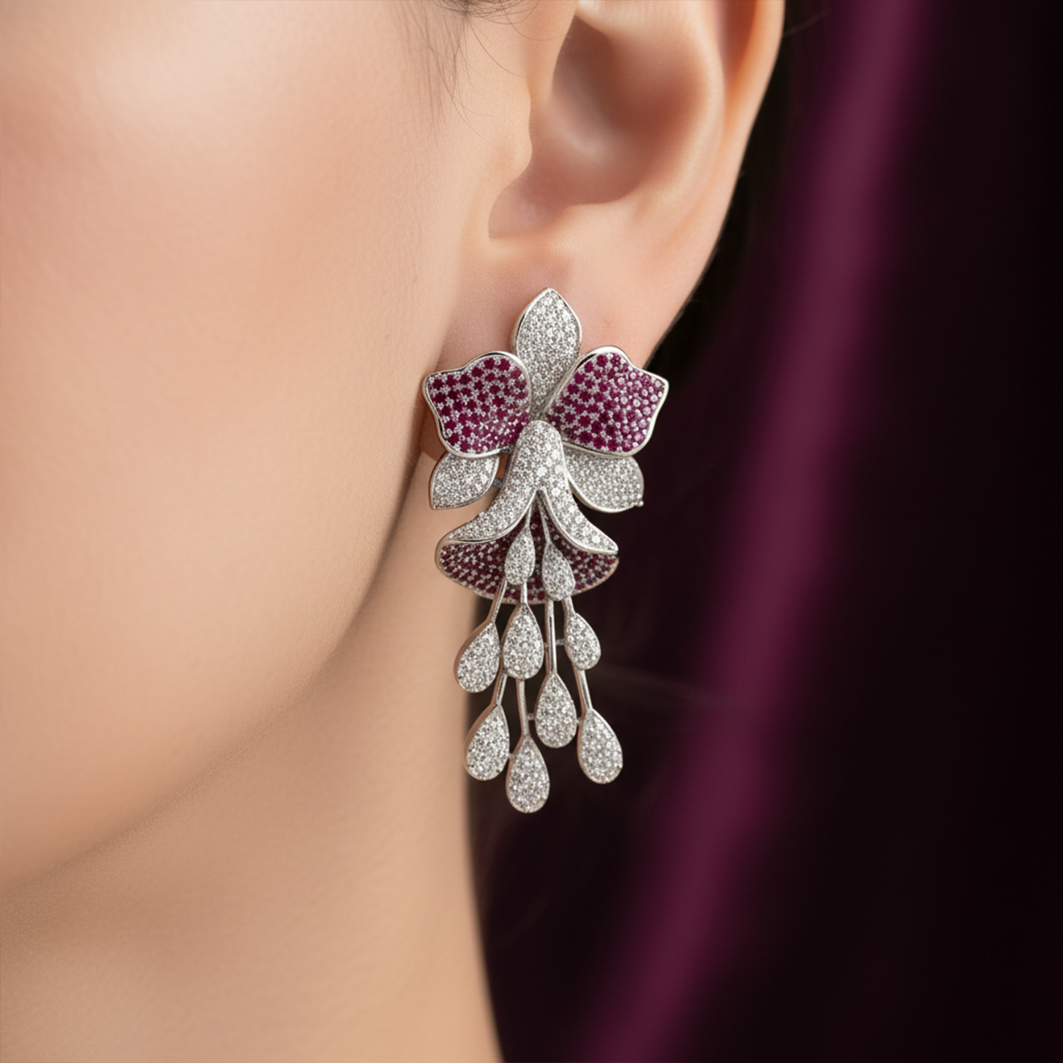 Luxury  American Diamond (AD) Flower Dangler Statement Earrings