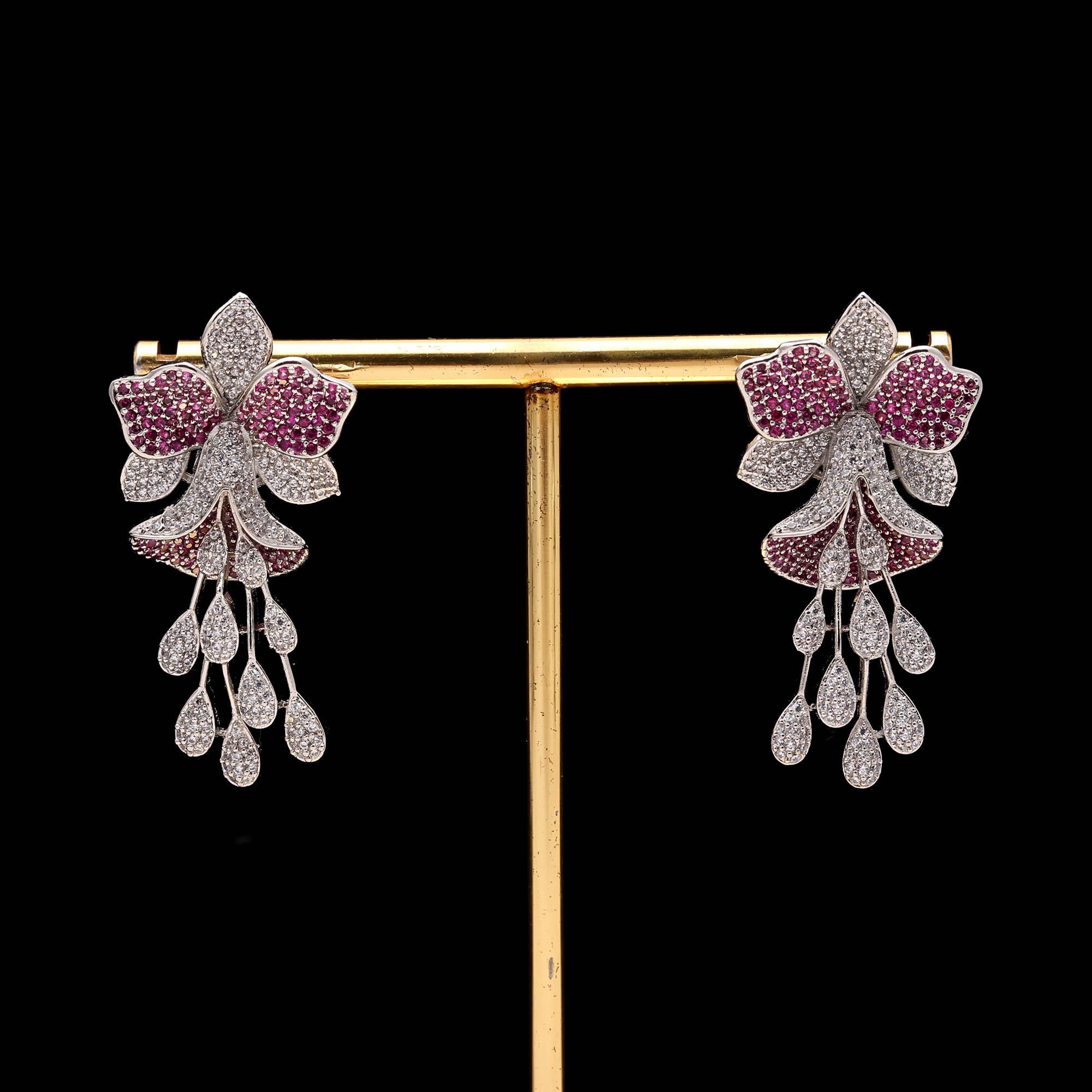 Luxury  American Diamond (AD) Flower Dangler Statement Earrings - Haamsi