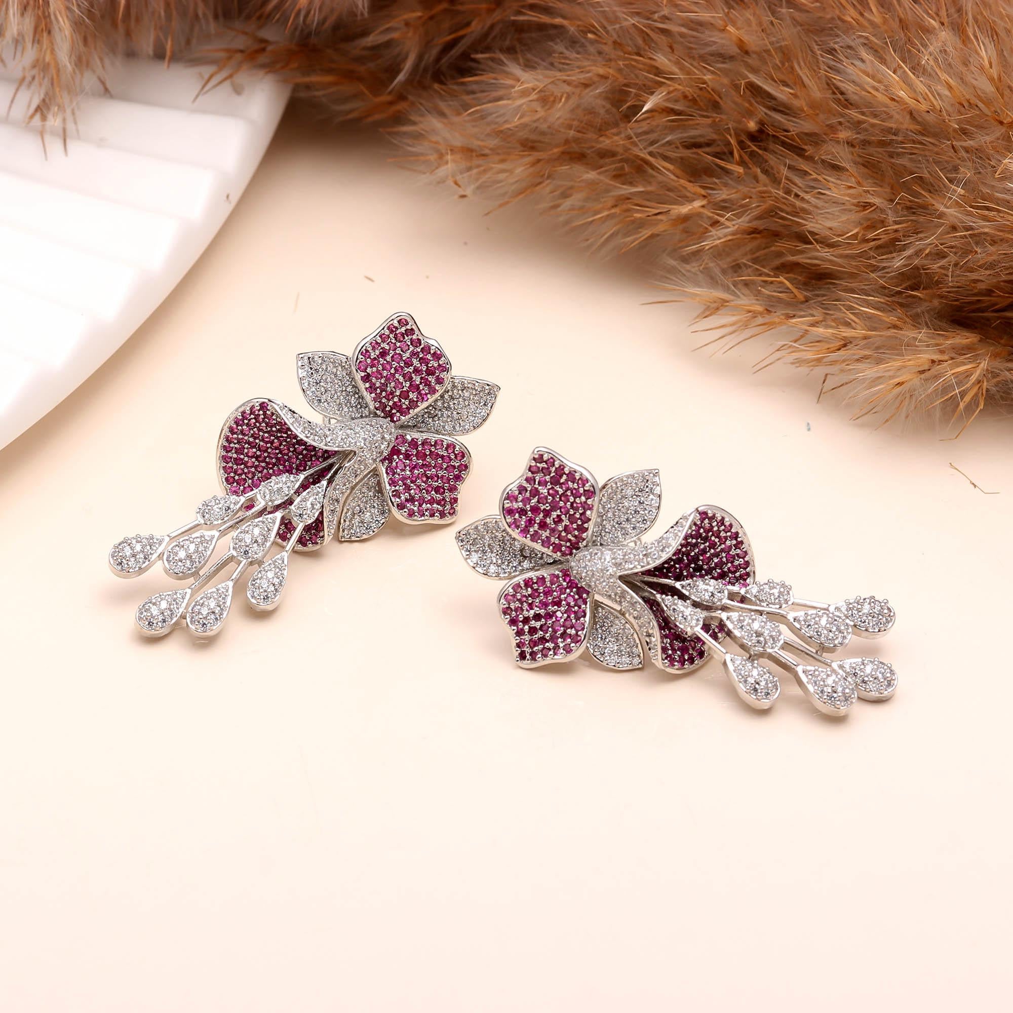 Luxury  American Diamond (AD) Flower Dangler Statement Earrings - Haamsi