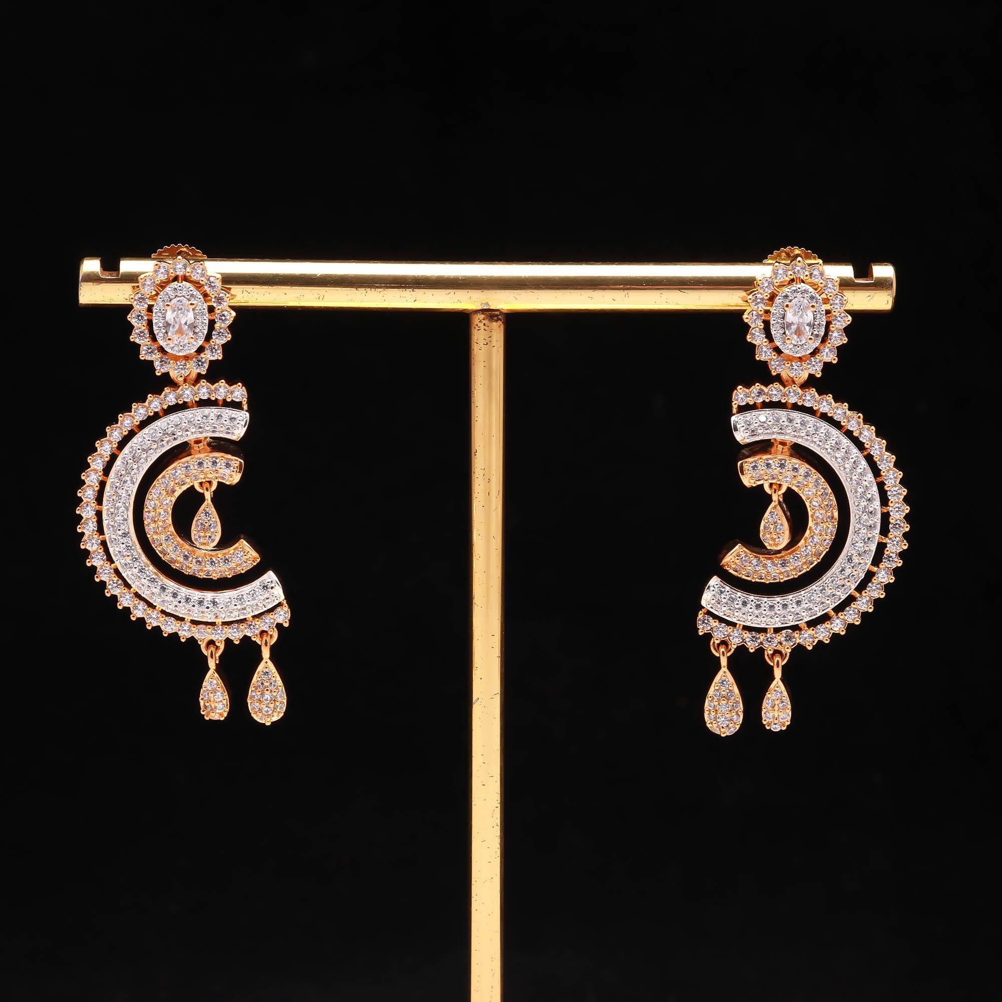 Premium Gold Plated American Diamond (AD) Earrings: Modern Chandbali Drop Design