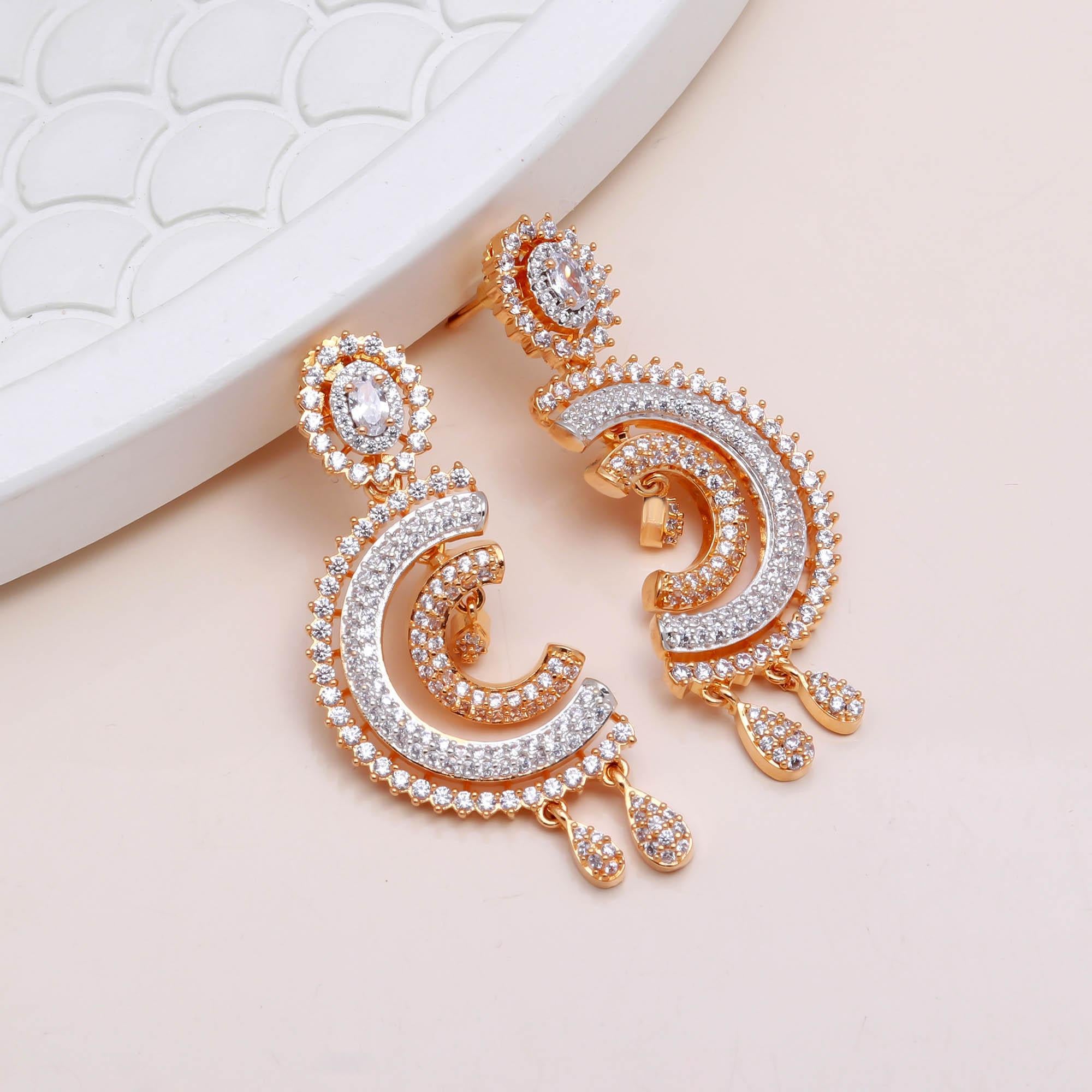 Premium Gold Plated American Diamond (AD) Earrings: Modern Chandbali Drop Design - Haamsi