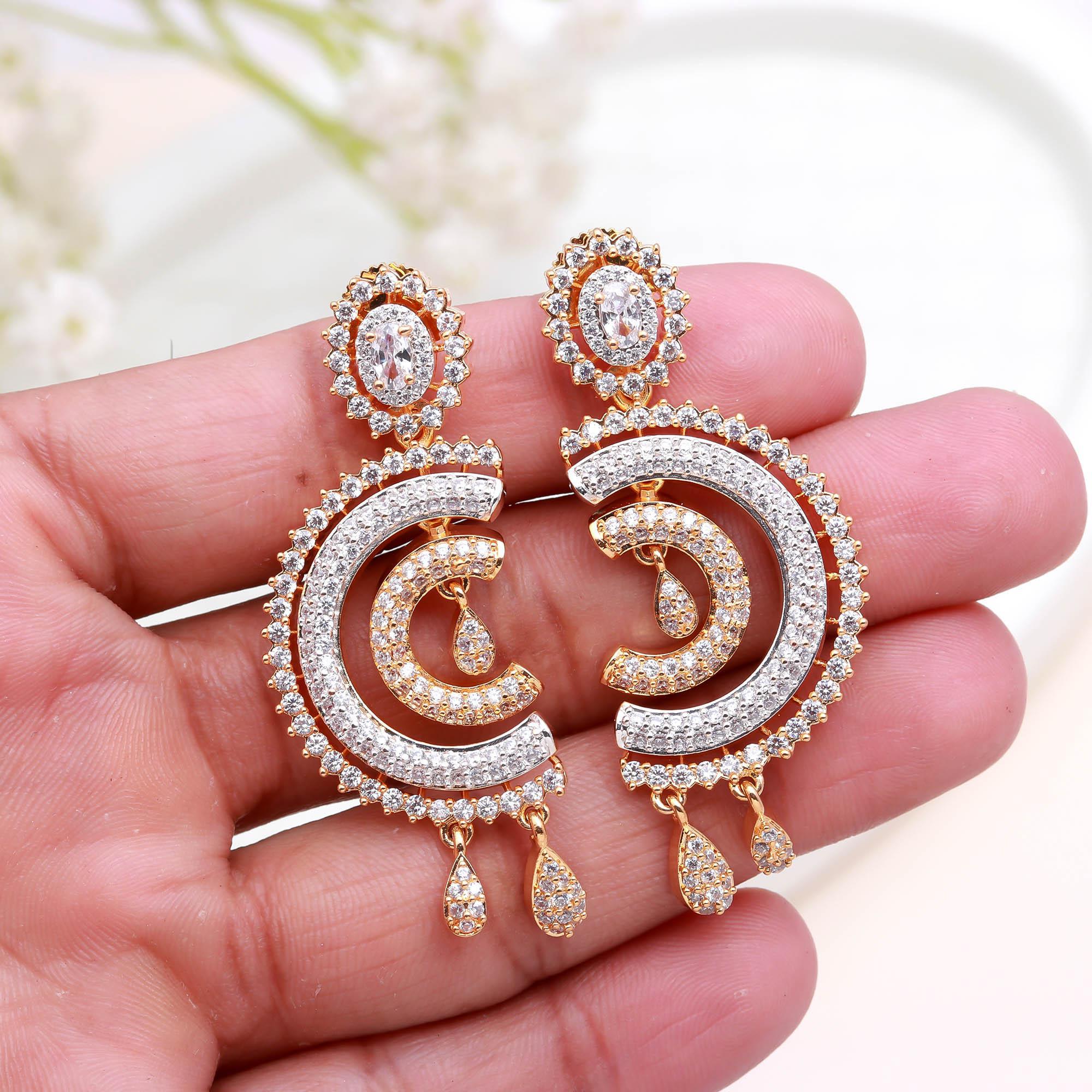 Premium Gold Plated American Diamond (AD) Earrings: Modern Chandbali Drop Design
