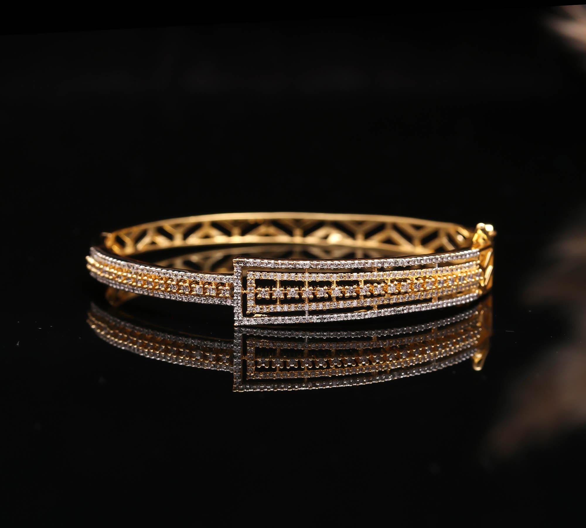 Geometric Gold-Toned Zircon Kada Bracelet 🌟 | Contemporary Diamond Look Bangle for Women | Adjustable Fashion Jewelry