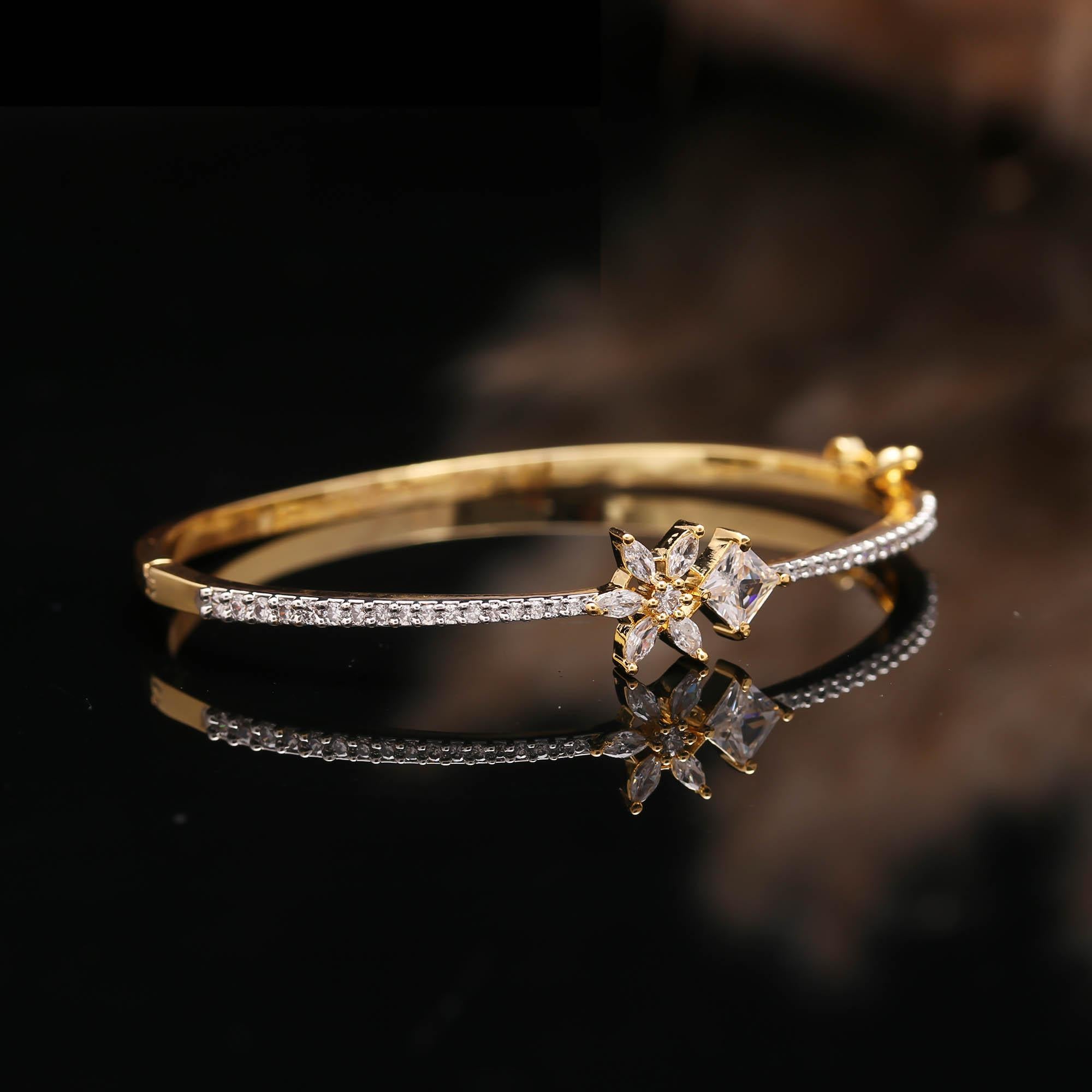 Luxury Gold-Toned Zircon Floral Bangle for Women 🌸 | Diamond Look Adjustable Party Wear Kada Bracelet
