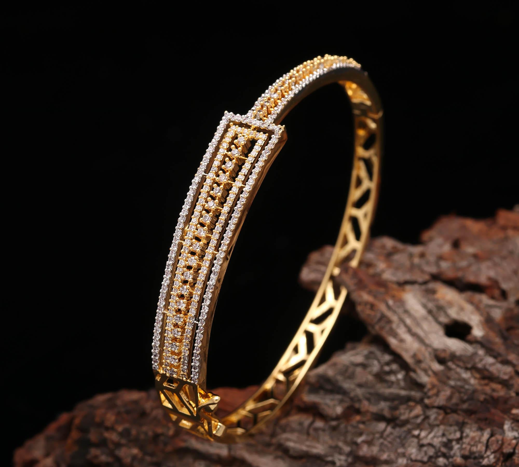 Geometric Gold-Toned Zircon Kada Bracelet 🌟 | Contemporary Diamond Look Bangle for Women | Adjustable Fashion Jewelry