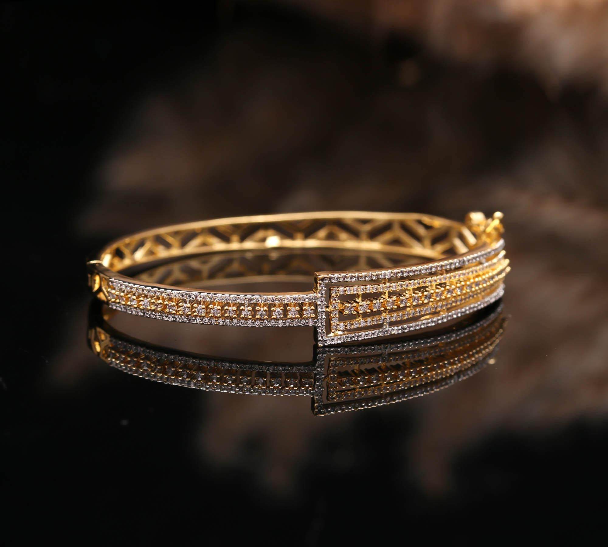 Geometric Gold-Toned Zircon Kada Bracelet 🌟 | Contemporary Diamond Look Bangle for Women | Adjustable Fashion Jewelry