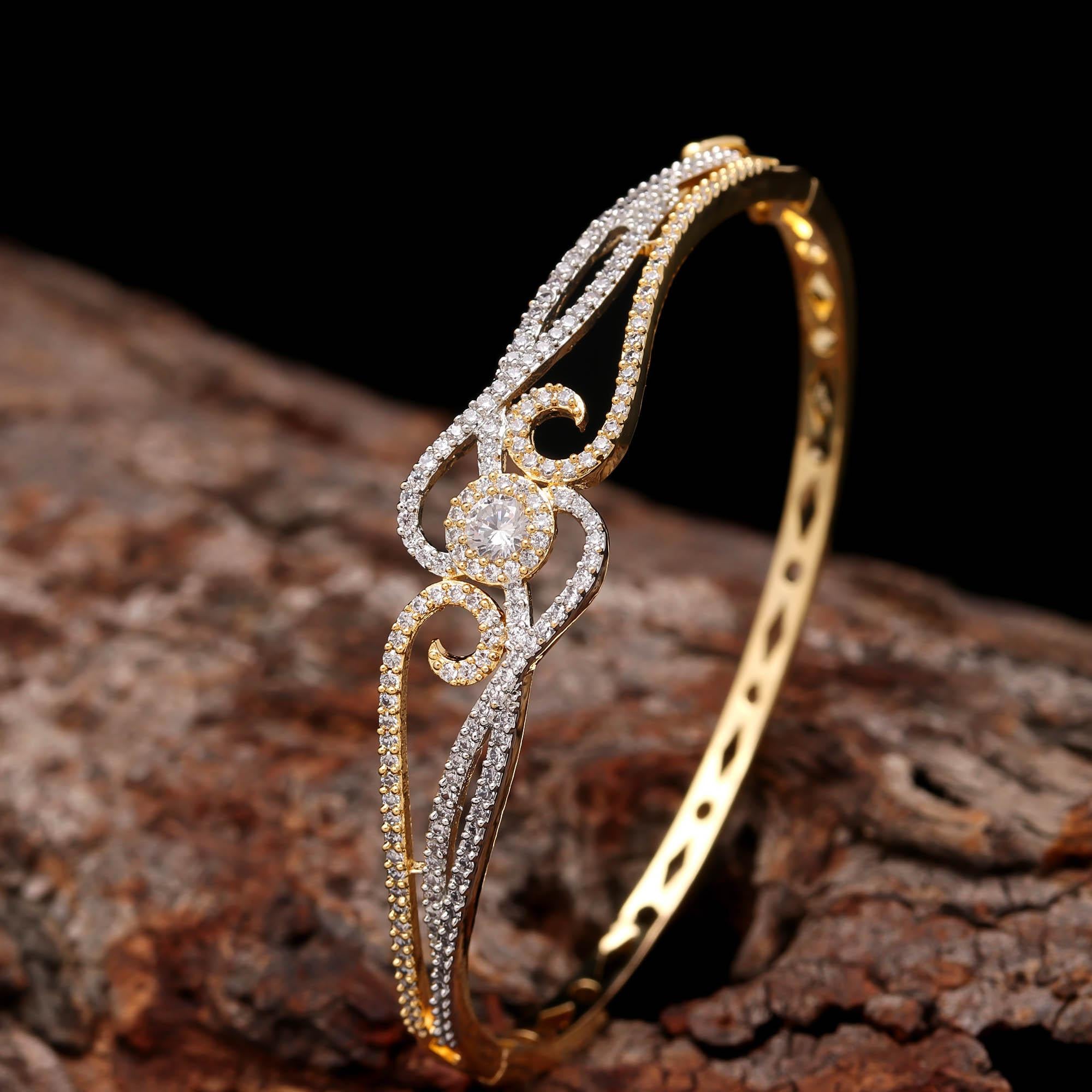 Graceful Gold Diamond Bangle for Women | Elegant CZ Stone Designer Bracelet for Weddings & Parties