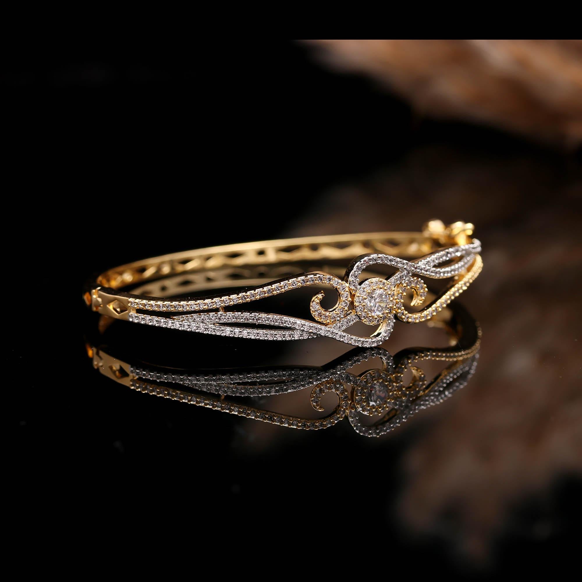 Graceful Gold Diamond Bangle for Women | Elegant CZ Stone Designer Bracelet for Weddings & Parties