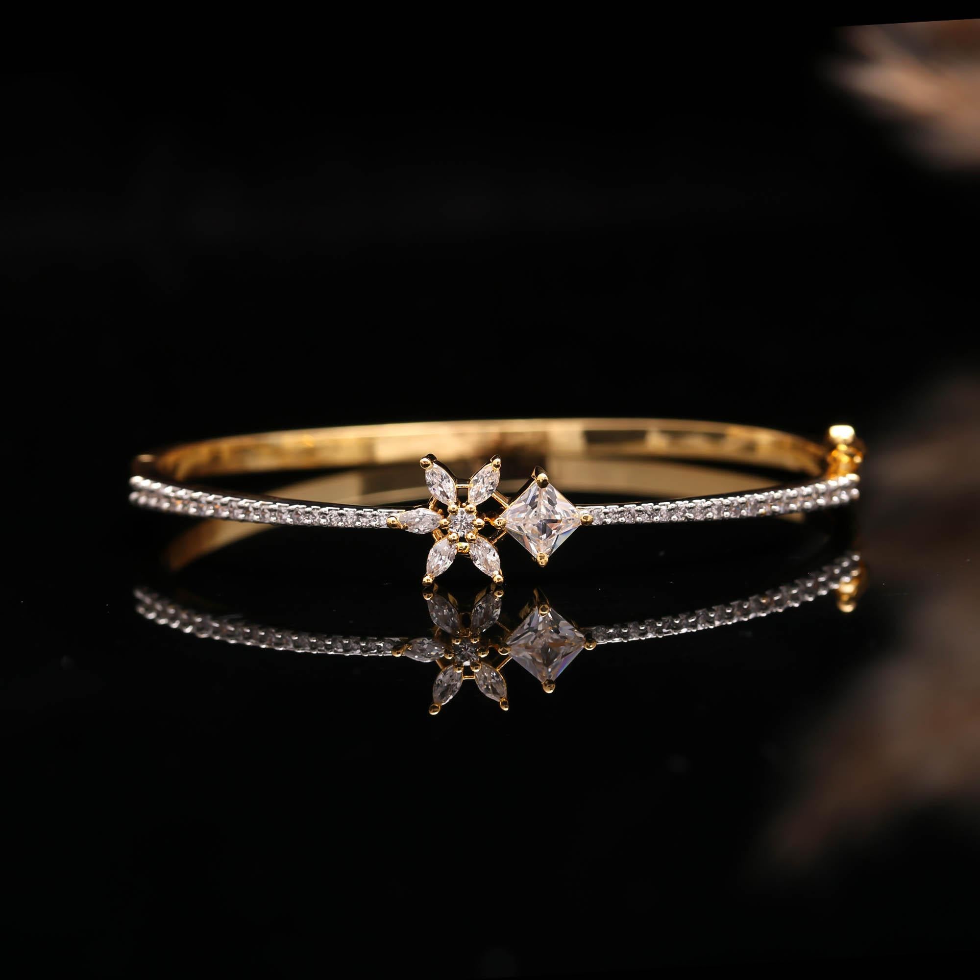 Luxury Gold-Toned Zircon Floral Bangle for Women 🌸 | Diamond Look Adjustable Party Wear Kada Bracelet