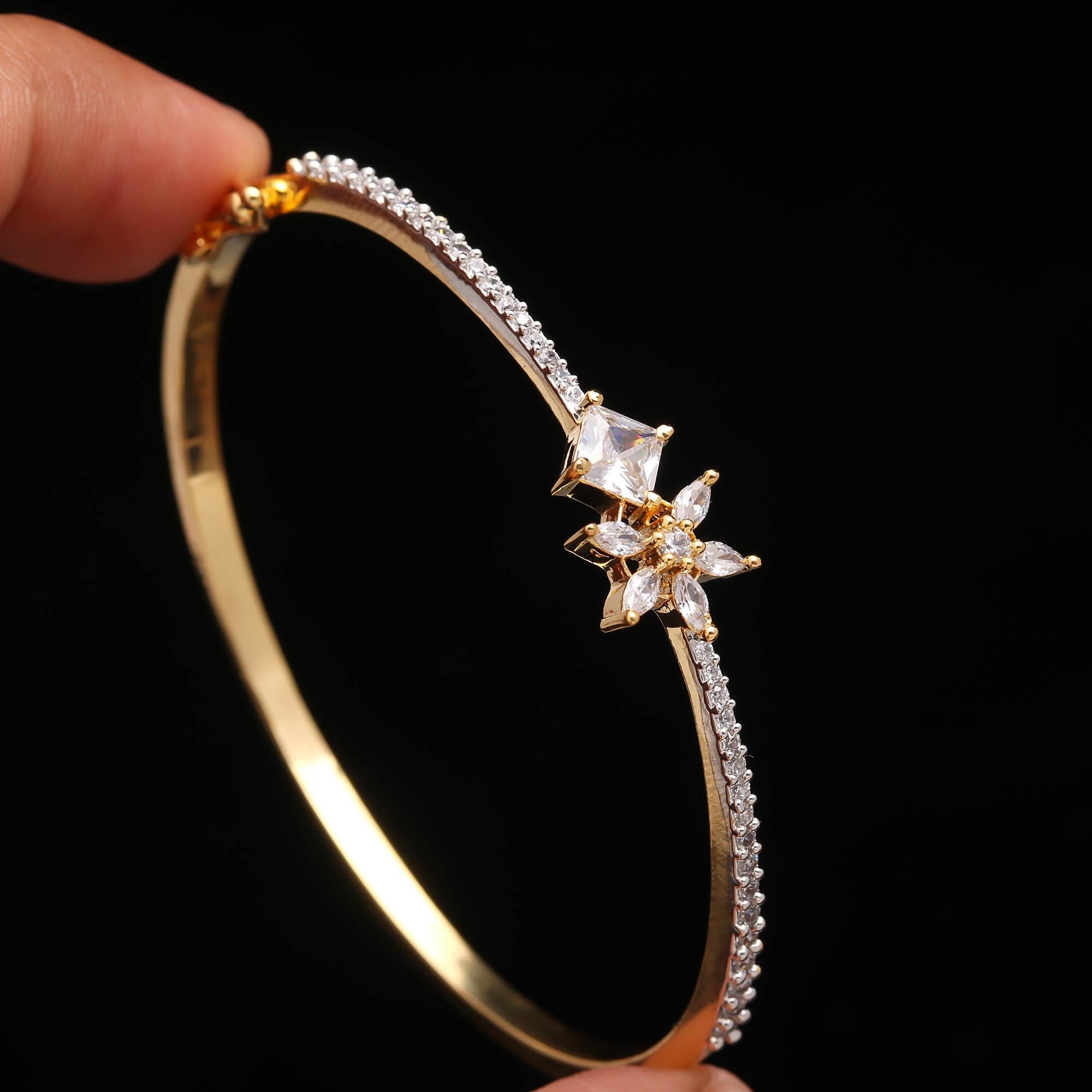 Luxury Gold-Toned Zircon Floral Bangle for Women 🌸 | Diamond Look Adjustable Party Wear Kada Bracelet